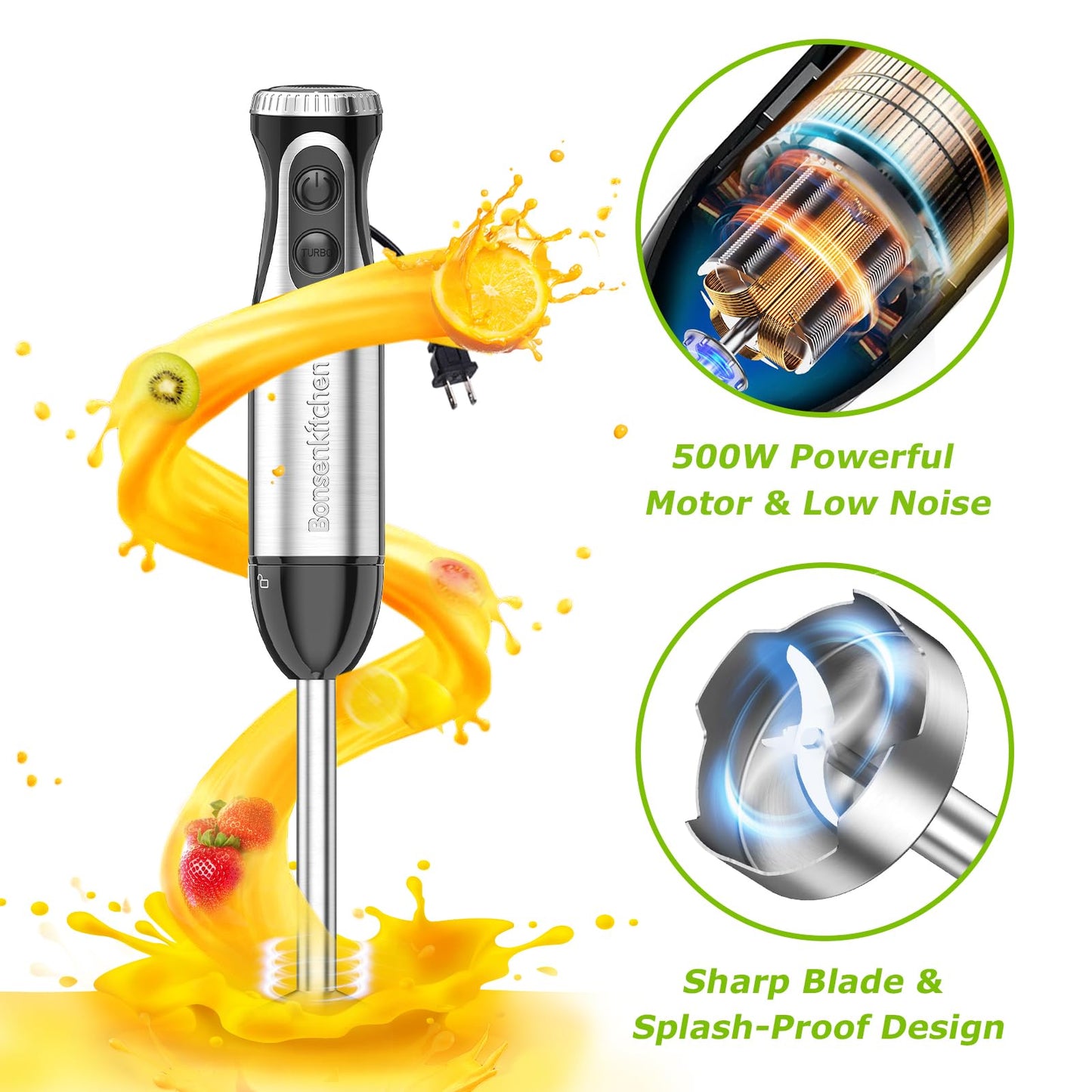 Bonsenkitchen Immersion Blender Handheld with Food Processor, 20 Speeds Hand Blender with Turbo Mode, Stainless Steel Blade, Egg Whisk, Beaker & Chopper Bowl, Hand Mixer for Smoothie, Soup, Baby Food