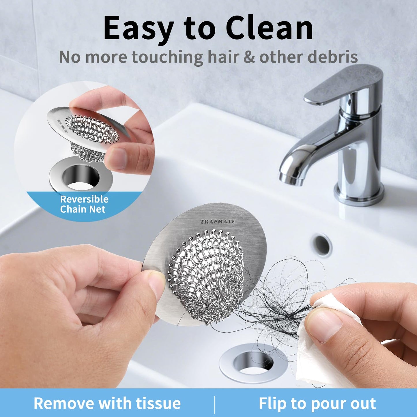 TRAPMATE Bathtub Stopper Drain Strainer Kit, Easy Clean Tub Shower Drain Hair Catcher, Anti-Clog Stainless Steel Sink Cover, Drain Protector for Bathroom Sink & Wash Basin (Patented Product)