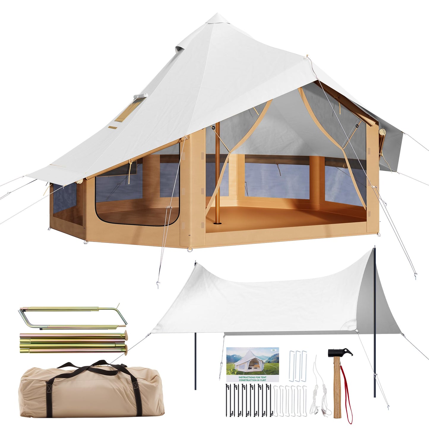 SPECRAFT Canvas Bell Tent for Camping, Waterproof Glamping Yurt Tent with Canopy & Stove Jack, Breathable Mesh 4-Season Family Shelter for Outdoor Camping, Parties, 8–10 Person