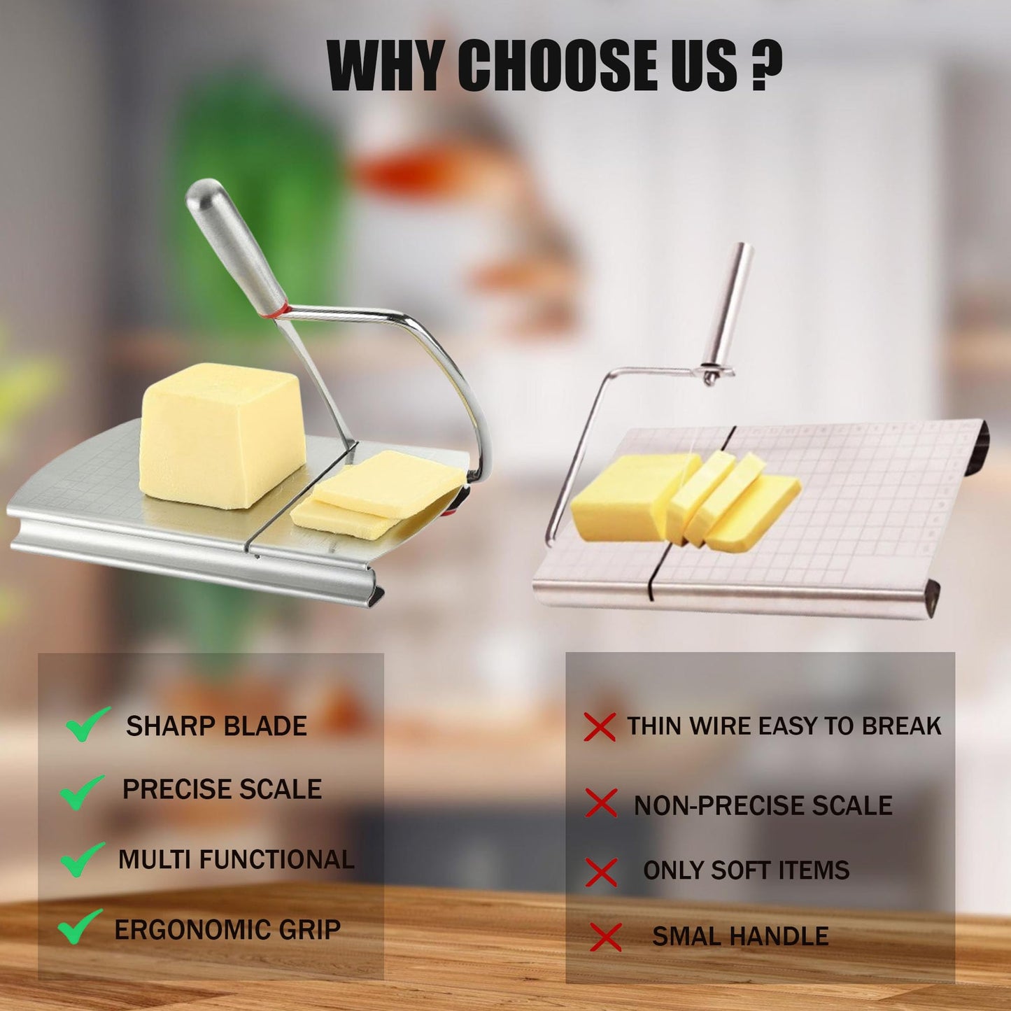 EVER FOUND Stainless Steel Cheese Slicers for Block Cheese Heavy Duty-Multipurpose Cheese Cutter Board with Sharp Knife, Precision Scale and Anti Slip Rubber Pads for cutting Block Cheese & Much More