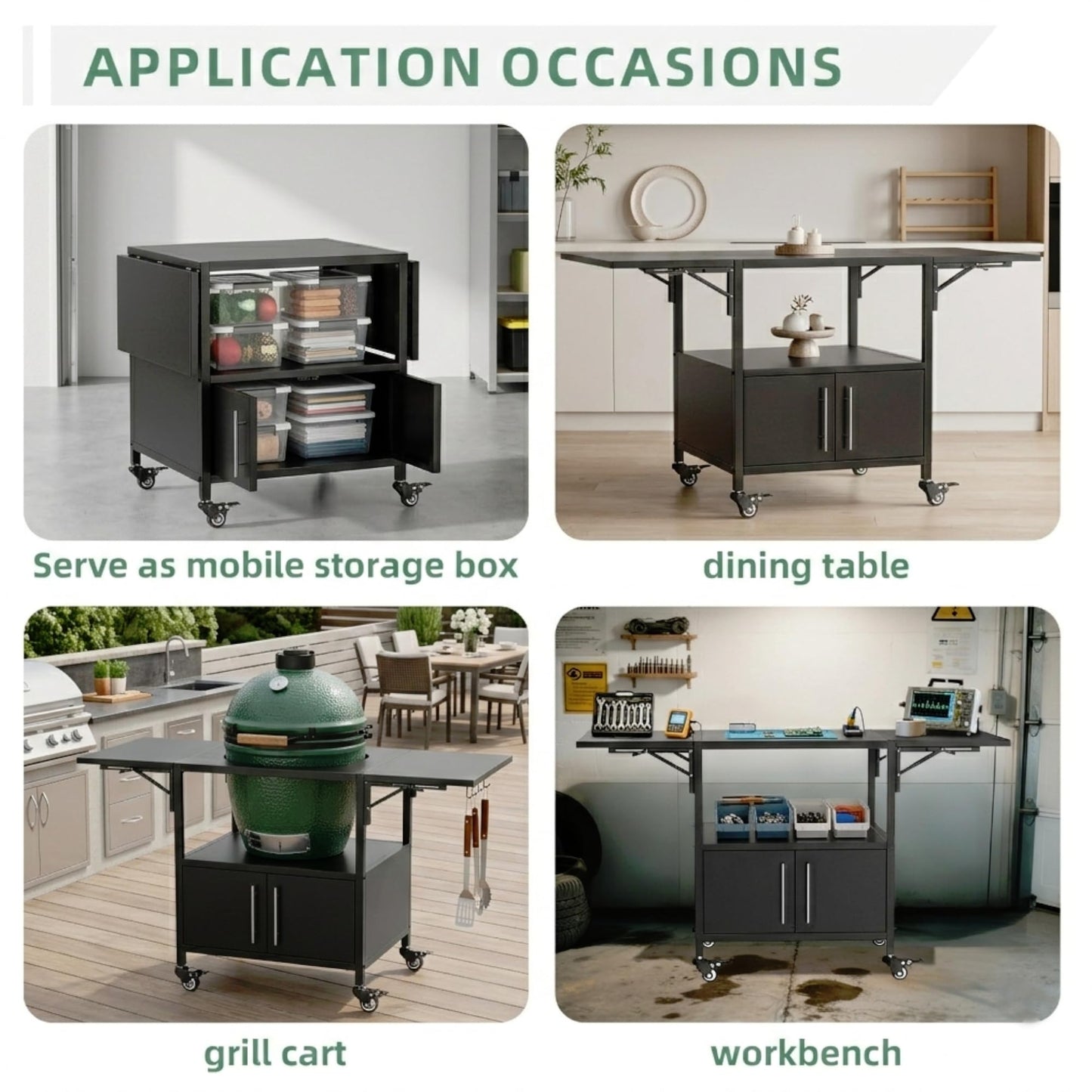 Heavy Duty Outdoor Grill Table for Dual Big Green Eggs, 304 Stainless Steel Prep Station with Storage Cabinet, 4 Swivel Wheels, Foldable Side Shelves, Fits Kamado Joe 18" & Ceramic Grills, M