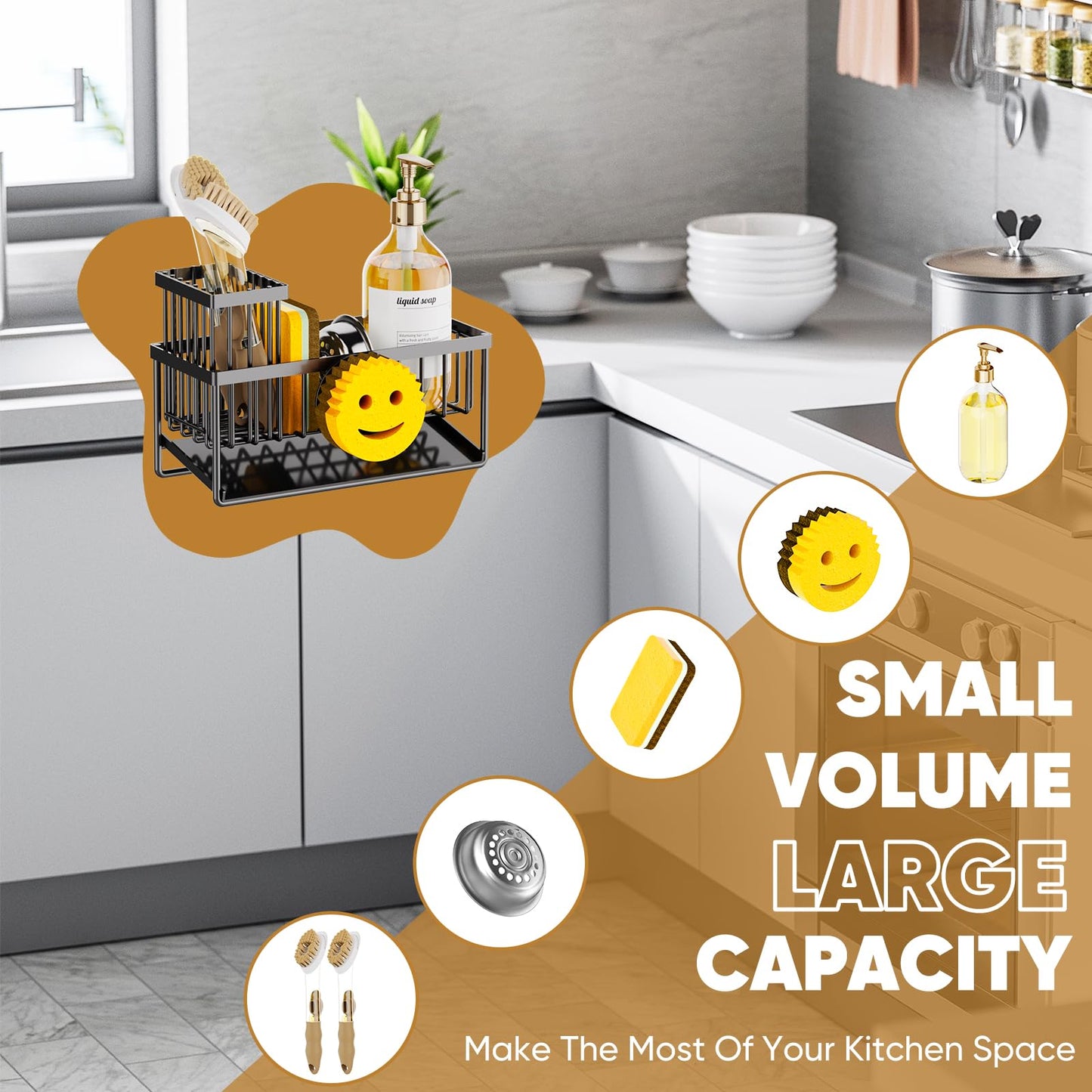 Taugast Sponge Holder for Kitchen Sink,Smiley Face Sink Caddy with Removable Brush Holder,Self-Draining Sponge Caddy for Sponge,Soap,Dish Brush,Scrubber,Kitchen Essentials and Gadgets
