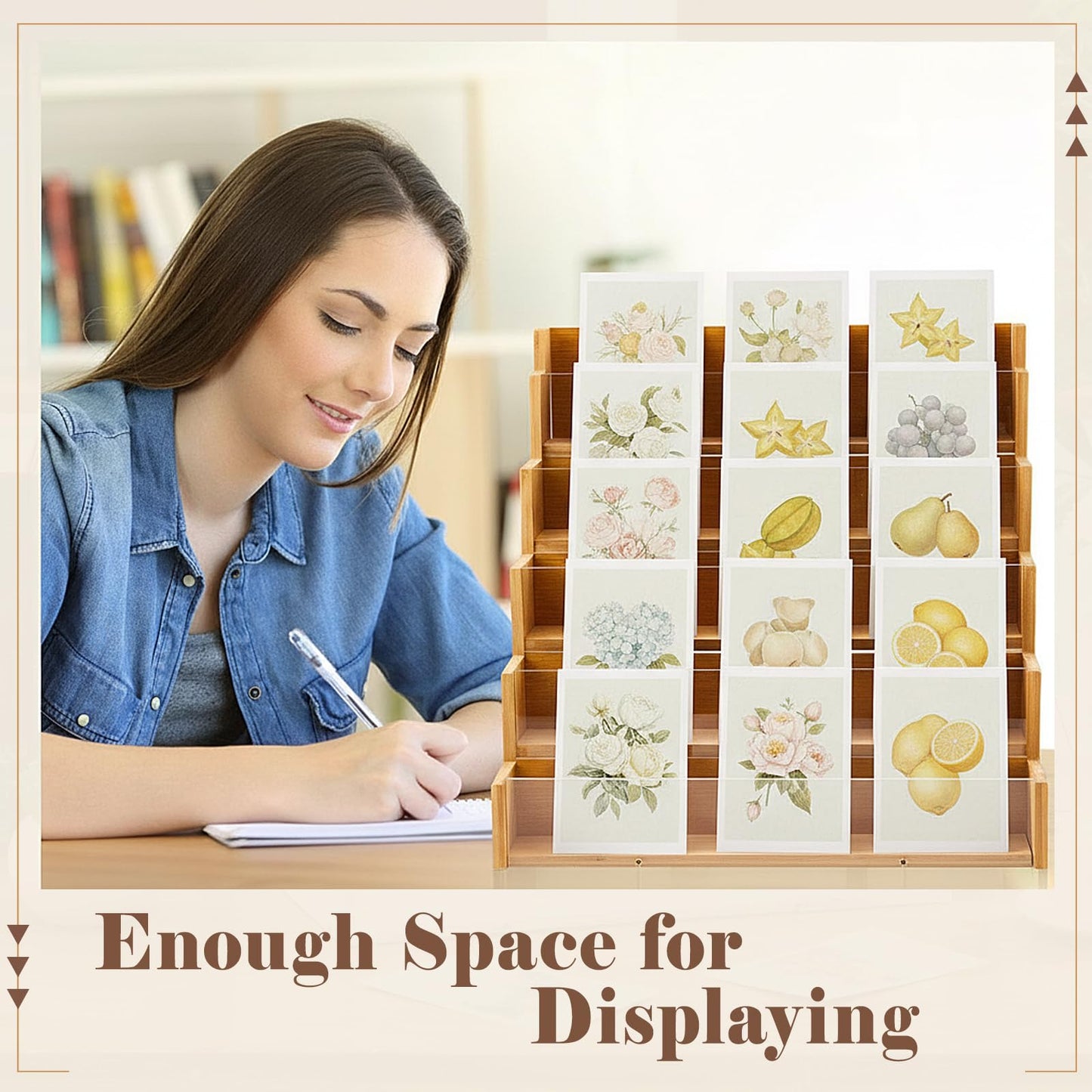 Yuntau 5 Tier Greeting Card Display Stand Wood Color Bamboo and Acrylic Sticker Display Stand Trading Card Holder Retail Photos Shelf for Vendors Craft Collection & Show