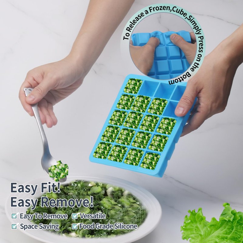 1 Tbsp Silicone Freezer Molds - Perfect for Storing Garlic, Herbs, Ginger, Pesto, Tomato Paste, Lemon Juice,Vegetable Purees,Purees and More - Silicone Food Freezer Tray (Blue 2 Pack)