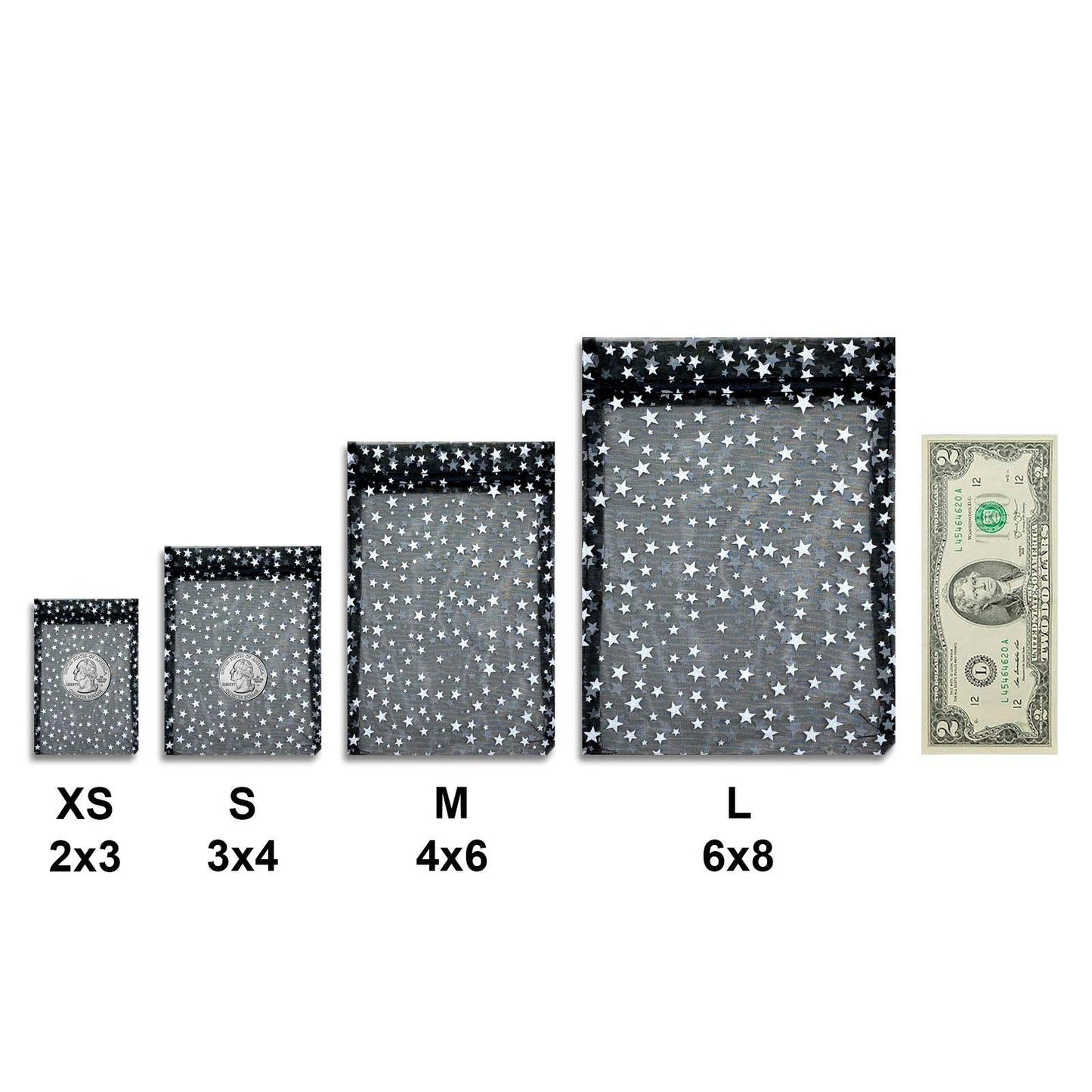100-Pack 4x6 Sheer Organza Drawstring Gift Bags (Medium) - Metallic Stars (Black/White) - Wedding Party Favors, Jewelry, Candy, Treats Mesh Pouch by The Display Guys