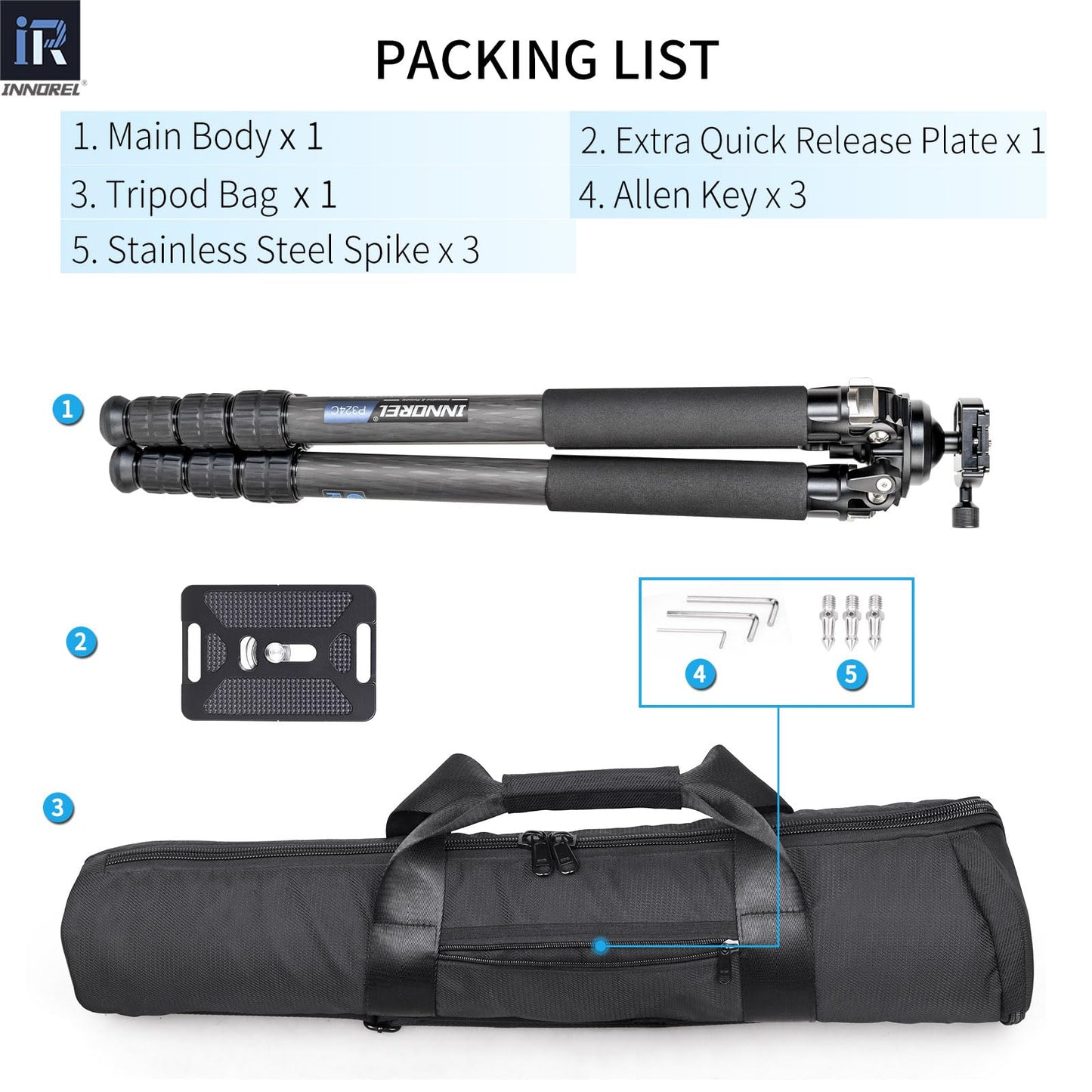 INNOREL P324C 65.6" Carbon Fiber Tripod for Hunting, 360° Rotating Ball Head(1.7"),with Arca Swiss Dovetail Mount,55lb/25kg Load, 32mm Tube Stable Tripod for Photography and Outdoors