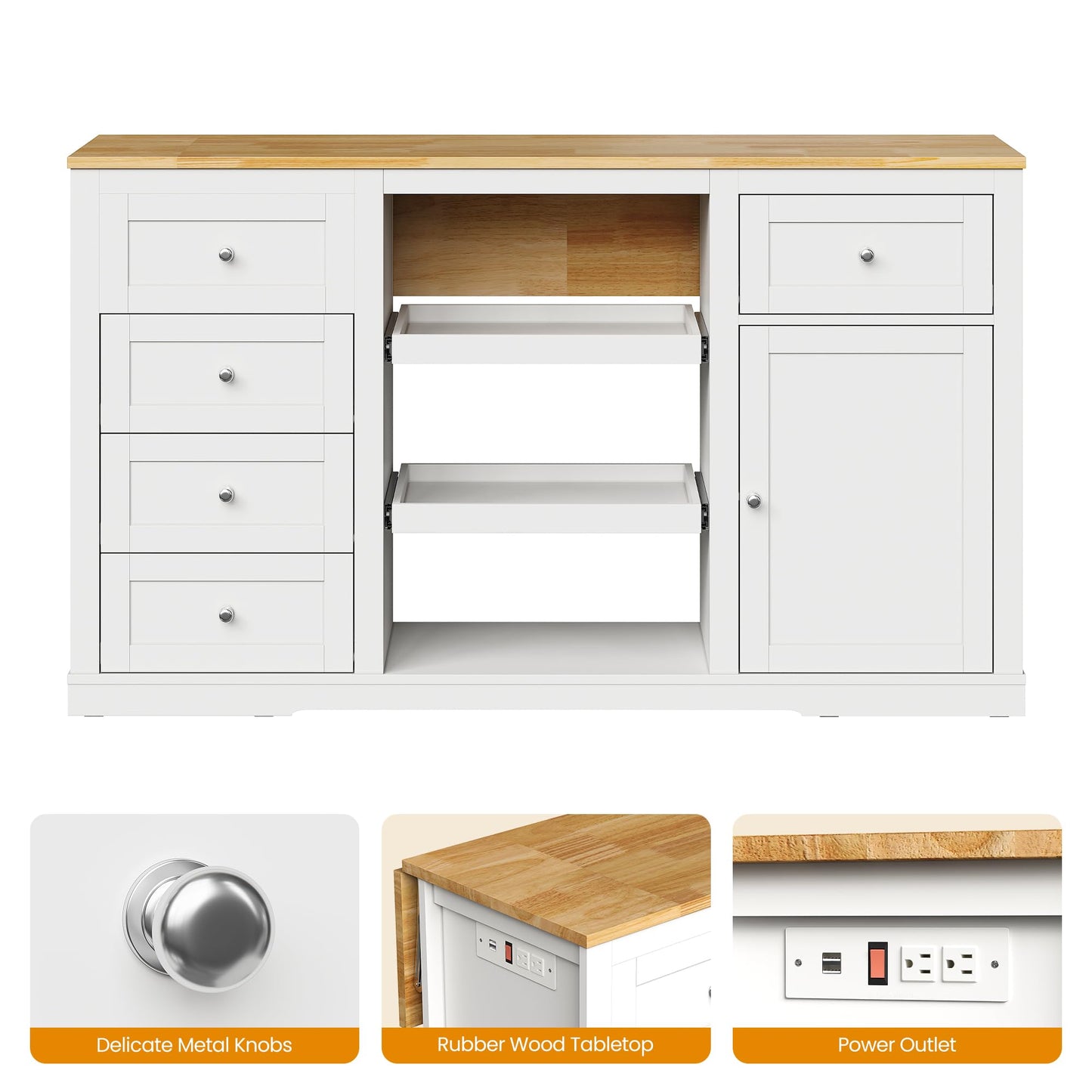 RoyalCraft 59'' Kitchen Island with Storage and Drop Leaf, Kitchen Island Table, Coffee Station Cabinet with Solid Rubber Wood Top, Pull-Out Trays, Drawers, Adjustable Shelves, Power Outlet, White