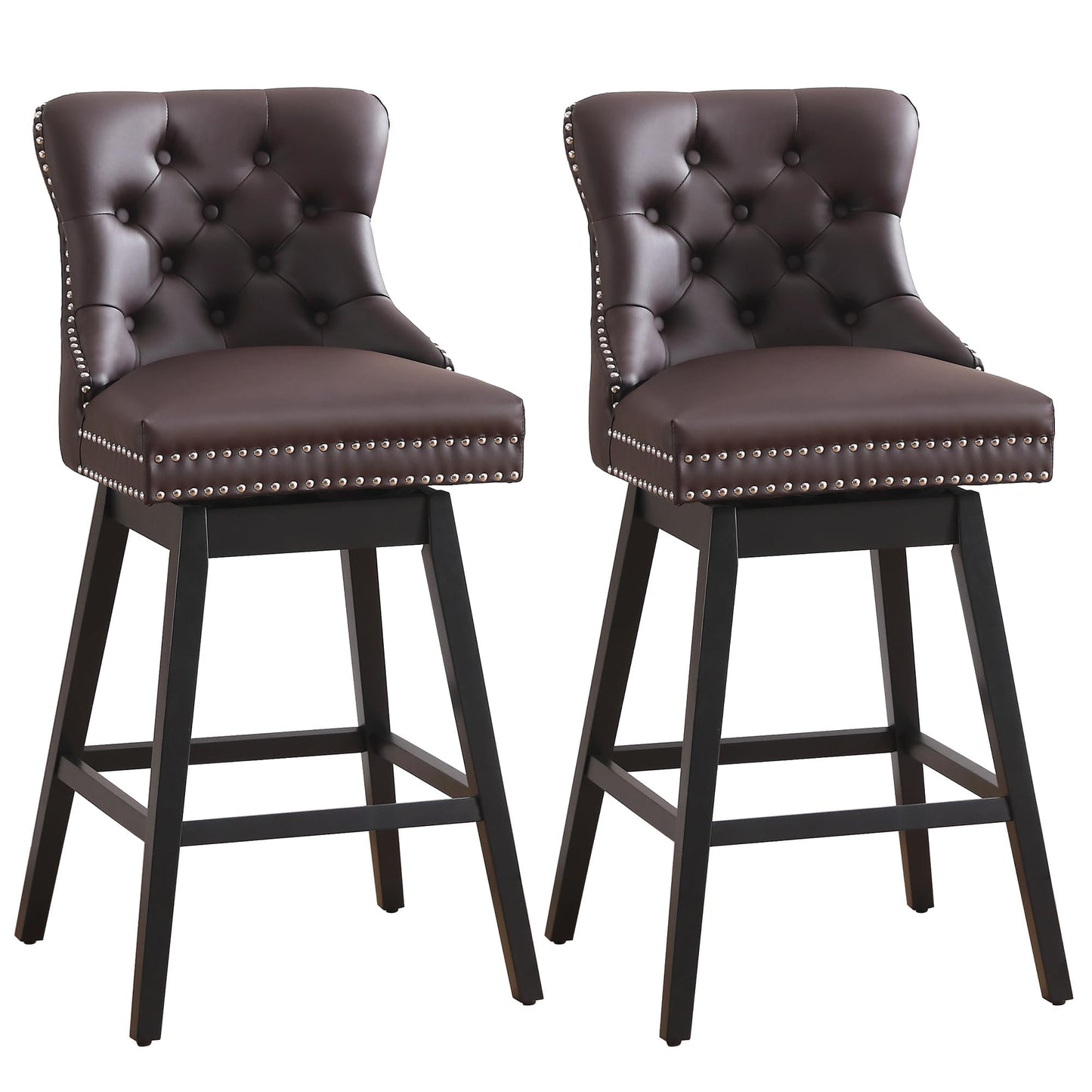 Fahomiss Brown Leather Swivel Bar Stools Set of 4 with Back, 26 Inch Counter Height Chairs, Solid Wood Legs, Tufted Seat, Comfortable and Stylish for Kitchen, Island, Home Bar(Brown, 4 Pack, 26" H)