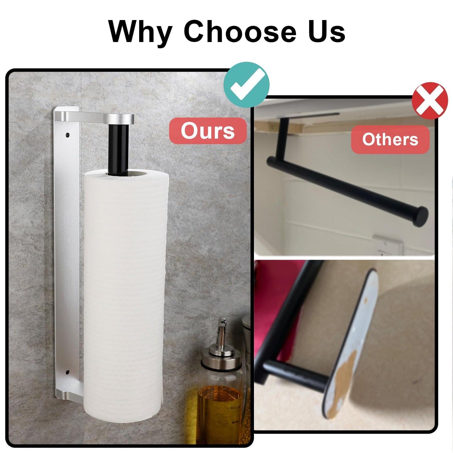 MONEER Paper Towel Holder Under Cabinet, Paper Towel Holder, Aluminum Alloy Kitchen Towel Holders, Self Adhesive Kitchen Roll Holder for Kitchen, Bathroom, Living Room (Silver)