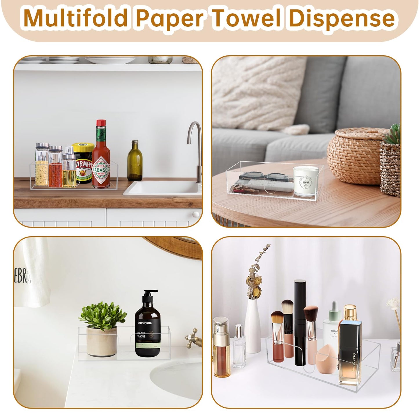 Acrylic Countertop Paper Towel Dispenser, Bathroom Paper Towel Holder, Clear Acrylic Napkin Holder (3mm Acrylics) Multifold C-Fold, Z-Fold, Trifold Paper Hand Towel Dispenser for Bathroom Toilet