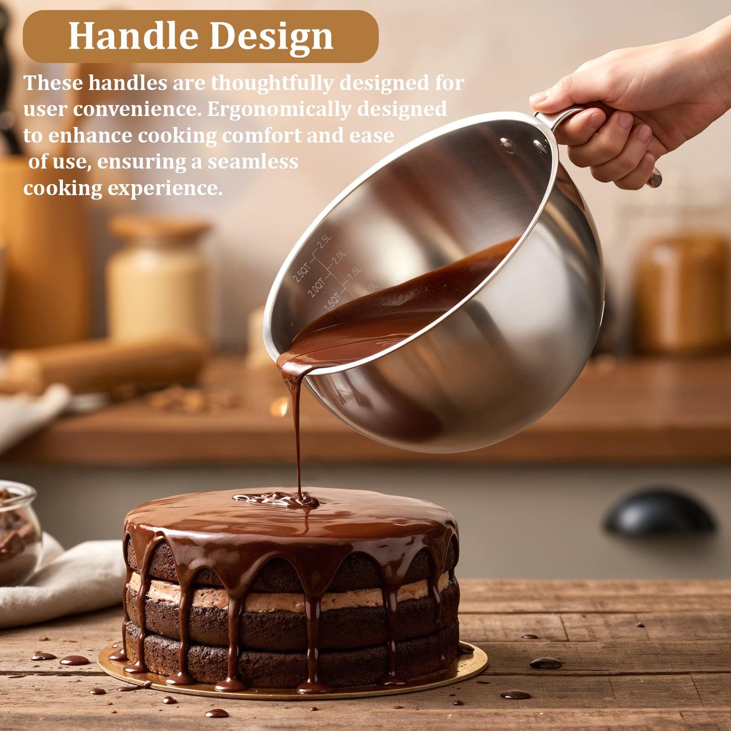 4-Piece Double Boiler, Chocolate Melting Pot Set Include 2500ml/2.3QT Mixing Bowl and 4000ml/3.63qt Stainless Steel Pot, Silicone Spatula, Stainless Steel Stirring Spoon, Induction Safe