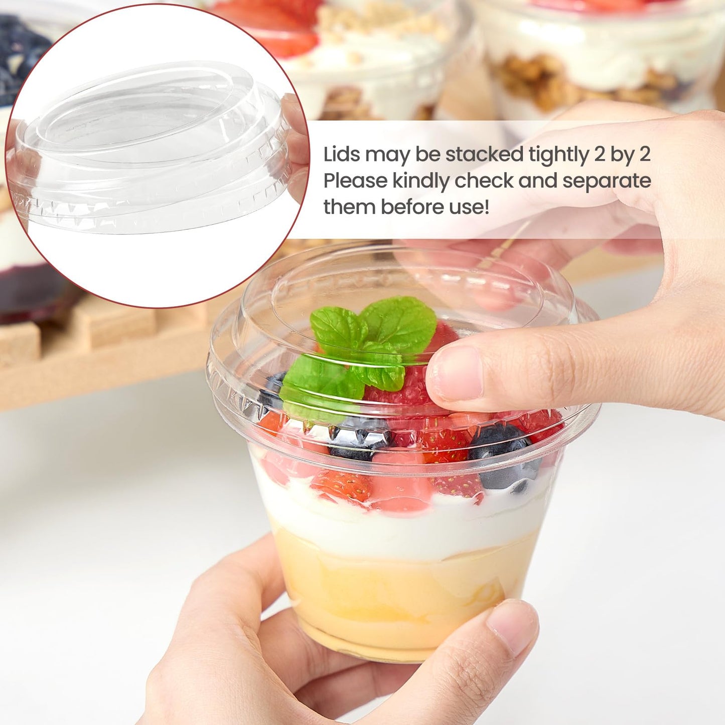Jycnolm 50 Pack 6 oz Plastic Dessert Cups with Lids, Small Plastic Yogurt Parfait Cups, Mini Round Party Serving Cup for Pudding, Fruit, Cake, Appetizer, Dessert Shot Glasses