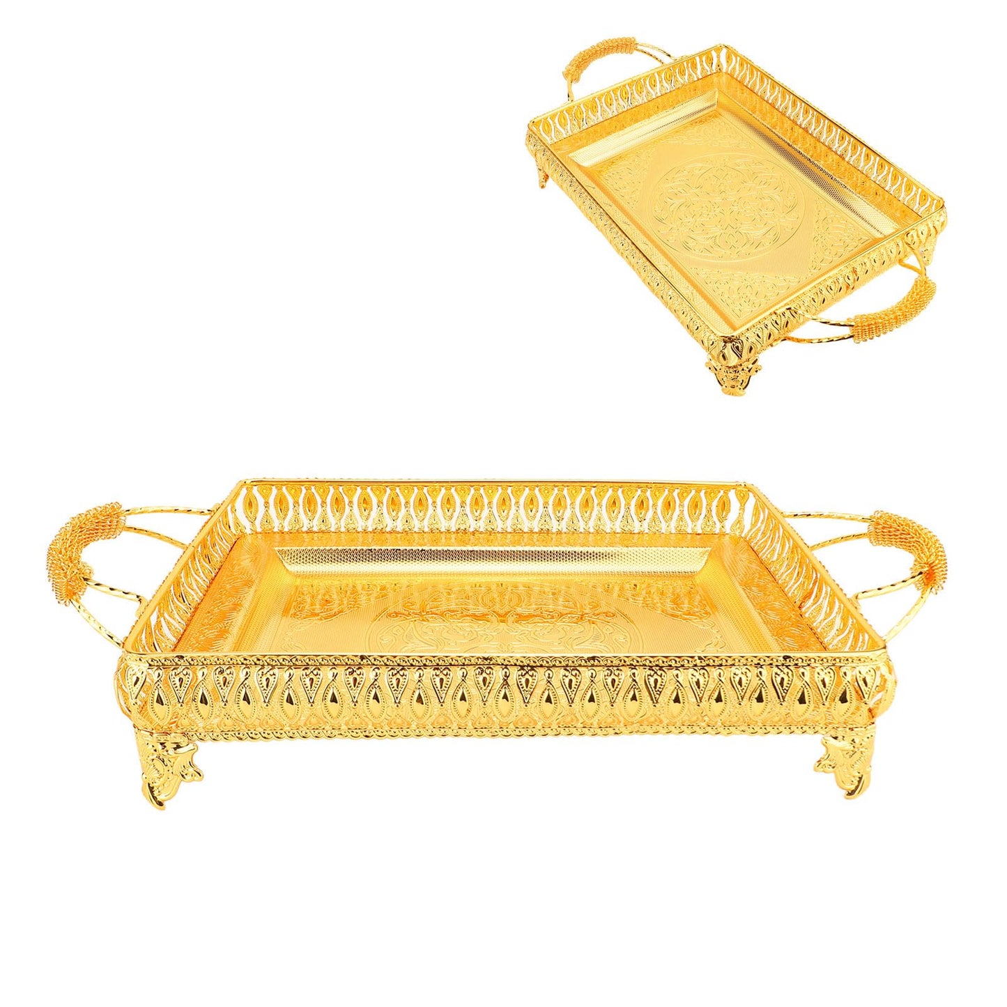 Decorative Serving Tray, Gold European Style Metal Serving Tray with Handles, Coffee Tea Beverage Serving Rectangle Tray, Cake Platter Serving Trays Food Platter Jewelry Tray