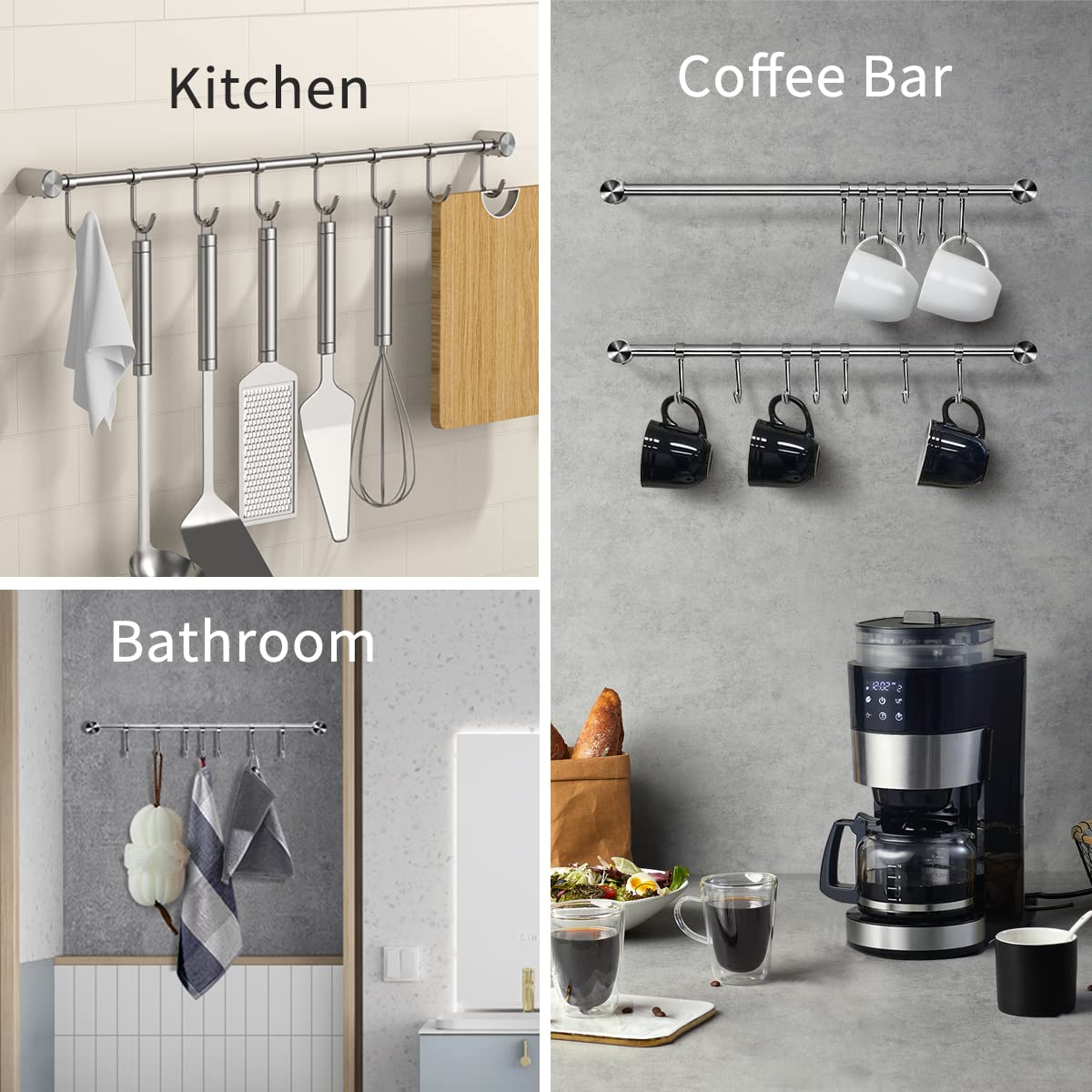 Audmore Kitchen Utensil Rack 2 Pack, 15.6 Inch Pots and Pans Hanging Rack Wall Mounted, 304 Stainless Steel Lid Cooking Utensil Hanger, 7 Sliding Hooks for Spatula Spoon, Measuring Cups, Coffee Mug