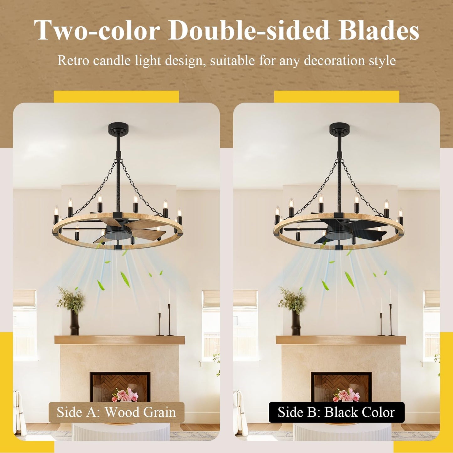 Natural Farmhouse Wood Wagon Wheel Chandelier Fans with 12 Lights and Remote, Rustic Wooden Ceiling Fan Light 36in Fandelier for Bedroom Dining Room Kitchen Living Room