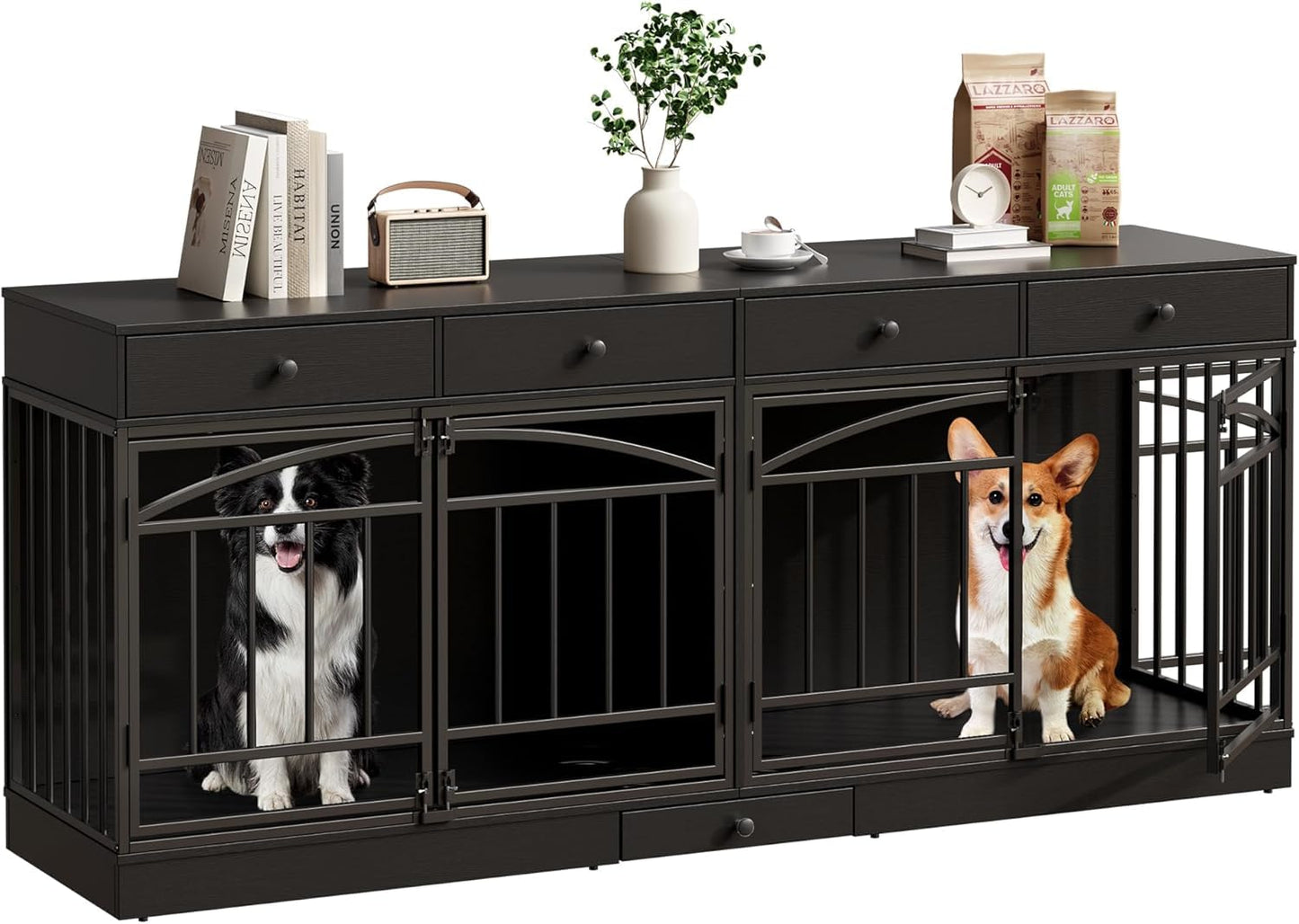 GAOMON Dog Crate Furniture for 2 Dogs, 78.7'' Large Dog Kennel Indoor with 4 Storage Drawers and Feeding Bowls, Double Dog Crate TV Stand for Small and Medium Dogs, Black