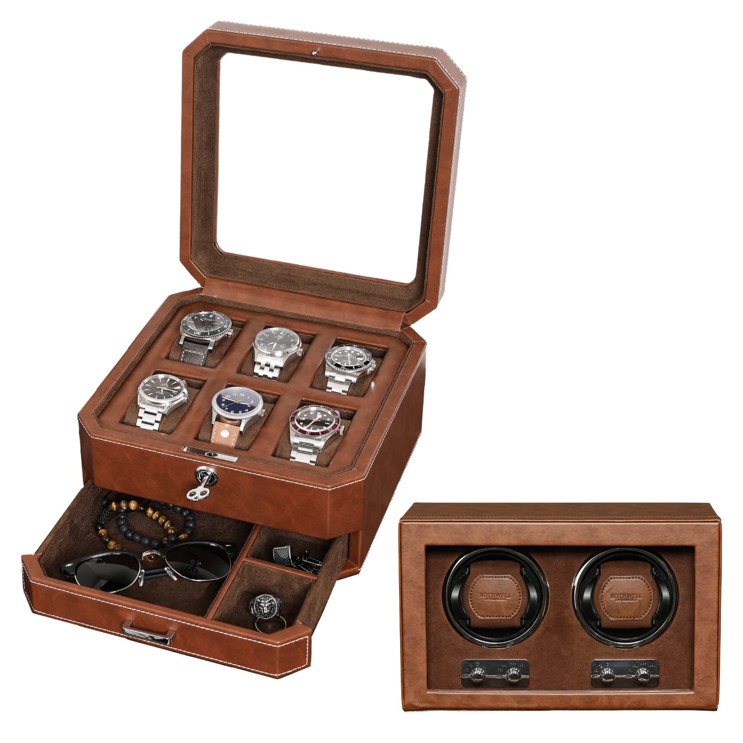 Gift Set 6 Slot Leather Watch Box with Valet Drawer & Matching Double Watch Winder - Luxury Case Display Organizer, Locking Mens Jewelry Watches Holder, Men's Storage Boxes Glass Top Tan/Brown