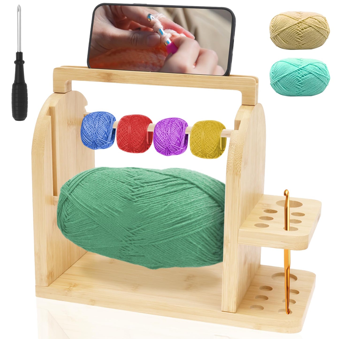 Yarn Holder for Crocheting and Knitting, Bamboo Wooden Yarn Spinner Storage Organizer with Built-in Phone Stand, Tangle-Free Dual Rods and Crocheting Tool Holder, Works with Skein,Cake,Ball