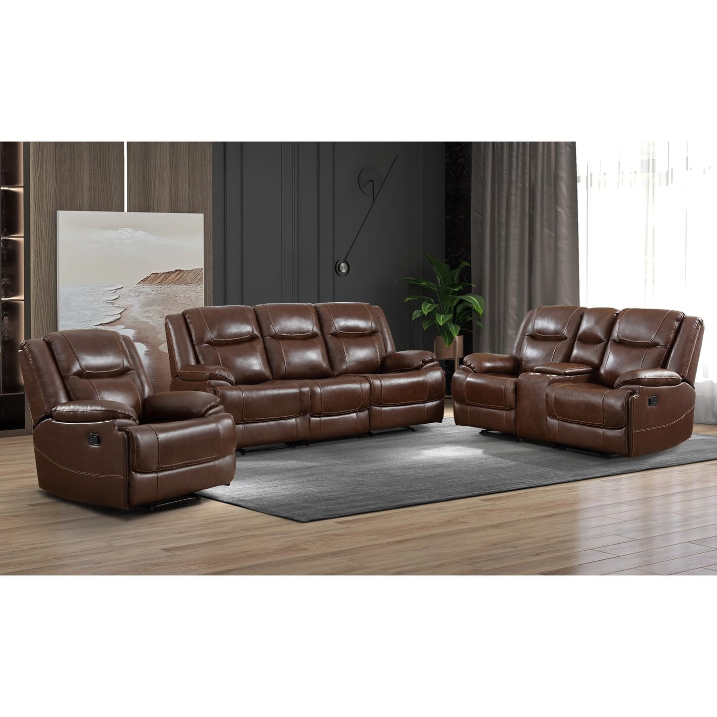 EBELLO Genuine Leather Manual Recliner Sofa Set, 1 Seat Reclining Chair, a Loveseat, a 3 Seater Sofa with Storage Cup Holders, Modern Durable Home Furniture Set for Living Room, Vintage Brown