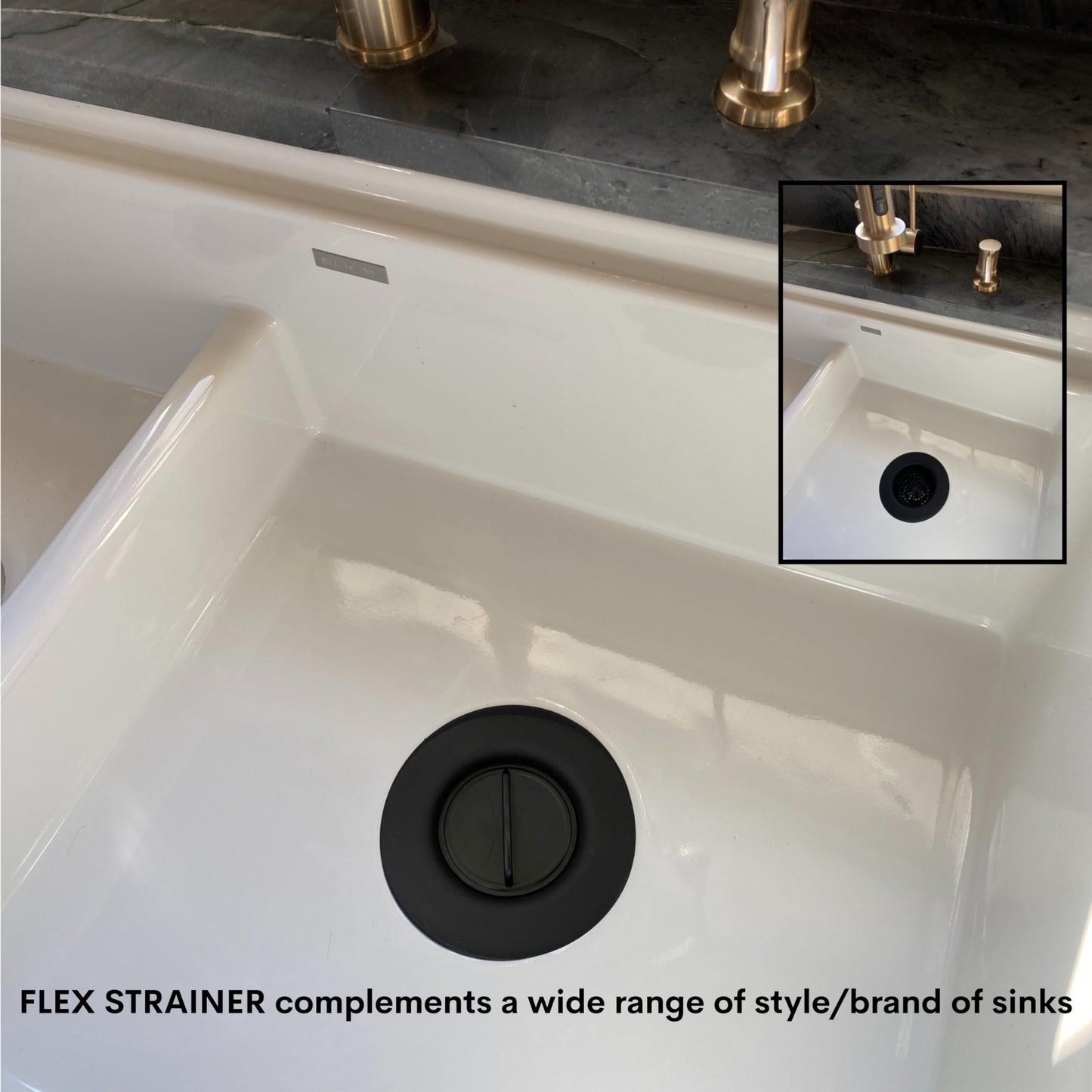 Flex Strainer® Sink Drain Strainer with Optional Stopper – No Center Stem, Fits Standard 3½” Sink Drains & Disposals – Easy Clean, Dishwasher Safe – Made in USA – Black, 2-Pack