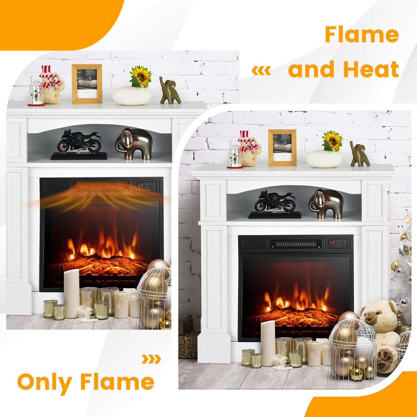 Tangkula Electric Fireplace Mantel, Freestanding Wooden Surround Firebox with 1400W Fireplace Heater, Remote Control, Thermostat, 3D Flame Effect, 6H Timer, Overheat Protection