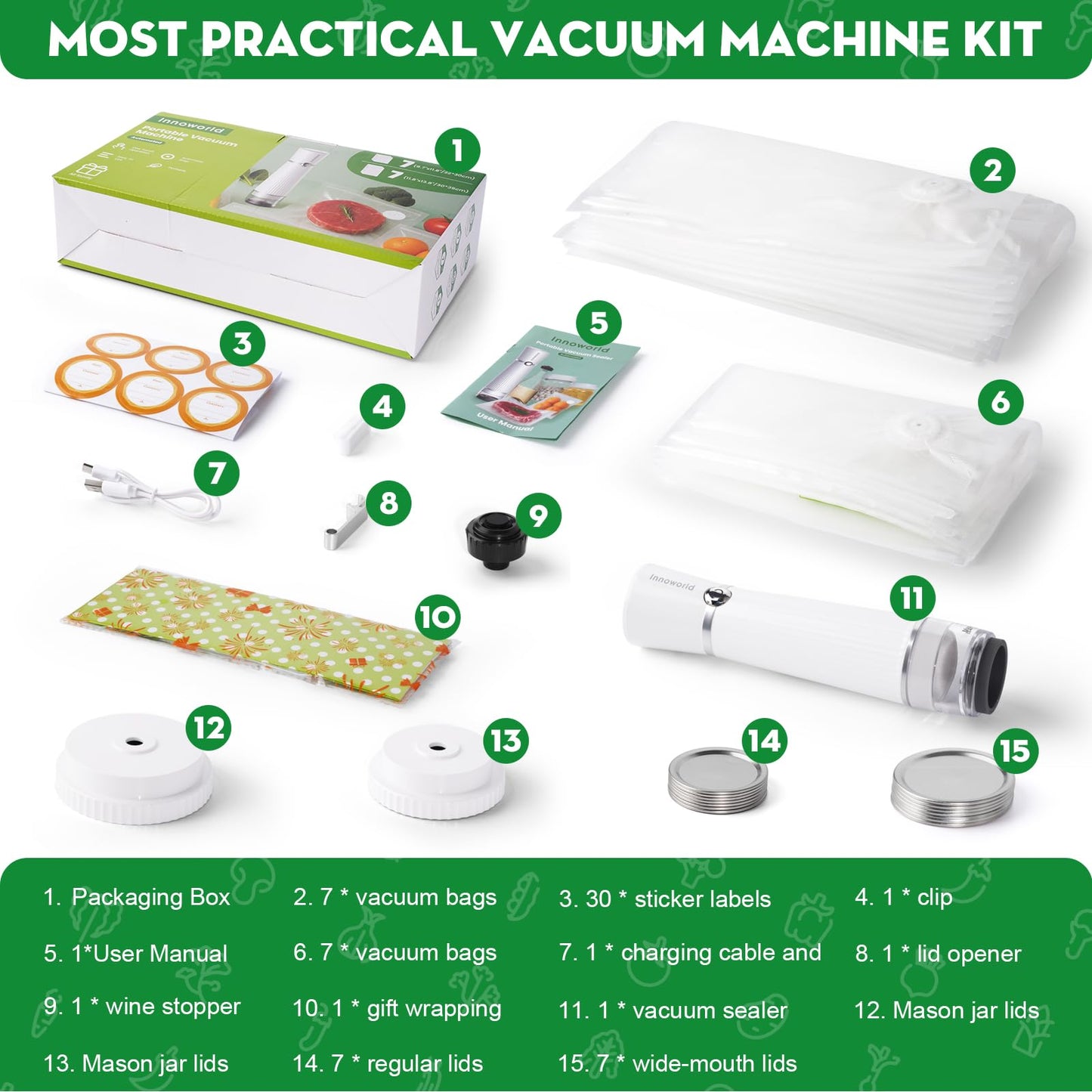 Innoworld 3-in-1 Vacuum Sealer for Food Compatible with Vacuum Bag, Mason Jar, Wine Bottle, Handheld Saver Compact Vacuum Sealer Machine with 14 Reusable Bags