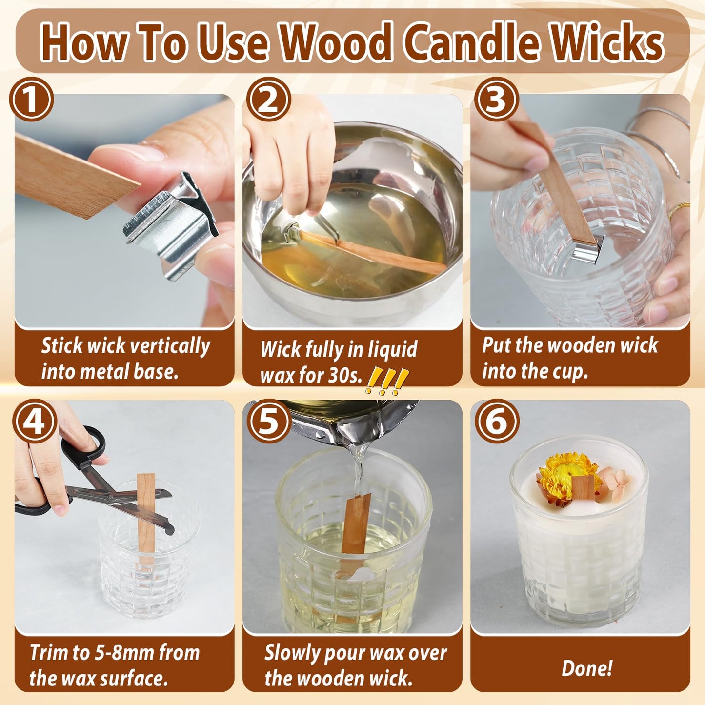 130 Pcs Candle Wicks for Candle Making Kit: 100 Cotton & 30 Wood Wicks with Complete Tool Set (Wick Holders, Wick Stickers, Candle Tabs, Tweezers, Pen), for Soy Beeswax DIY Candles