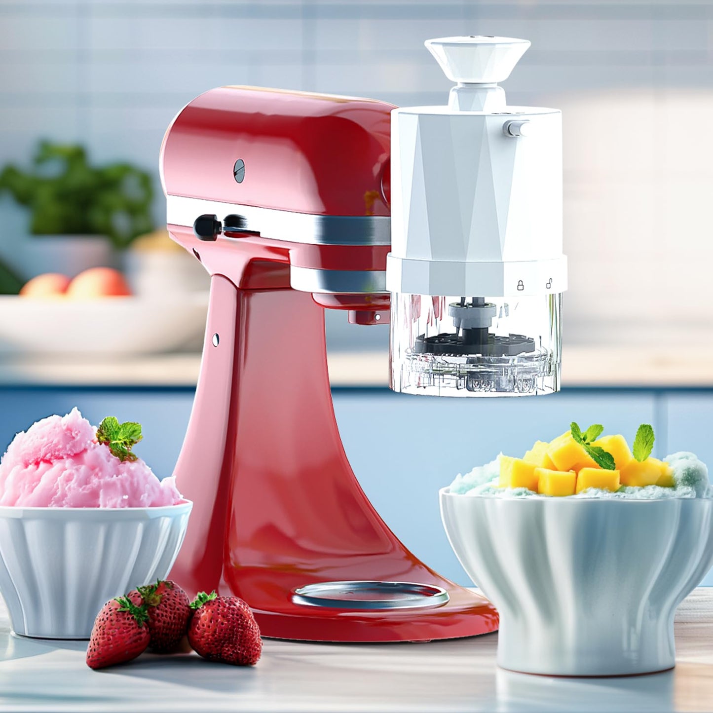 Shave Ice Attachment for Kitchenaid Stand Mixer, Shaved Ice Machine for Kitchen aid with Coarse and Fine Blades, 8 Ice Cube Molds, Snow Cone Maker