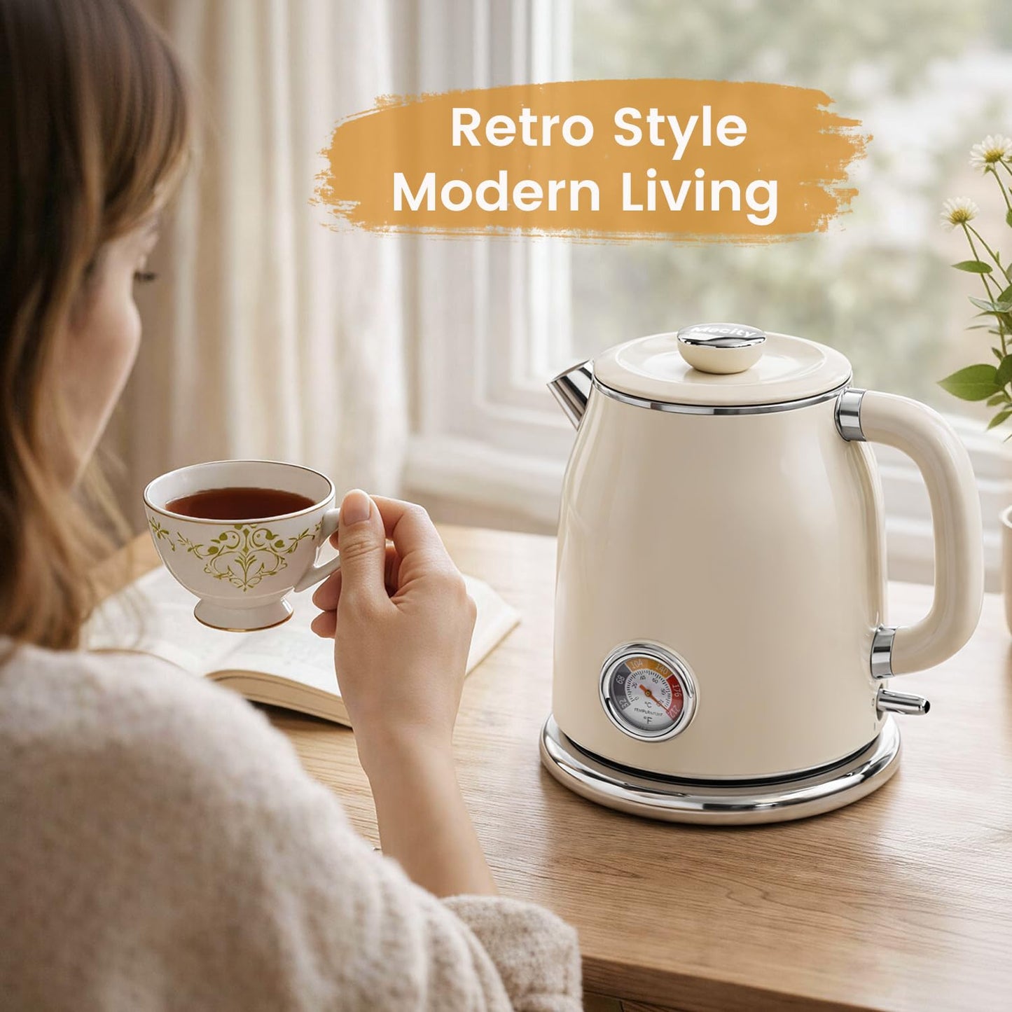 Mecity Retro Electric Kettle 1.7L, Stainless Steel Interior (No Plastic Contact), Double Wall Cool Touch, Fast Boil 1500W, Thermometer (°F/°C), Removable Lid, Wide Opening Easy Cleaning, 120V, Cream
