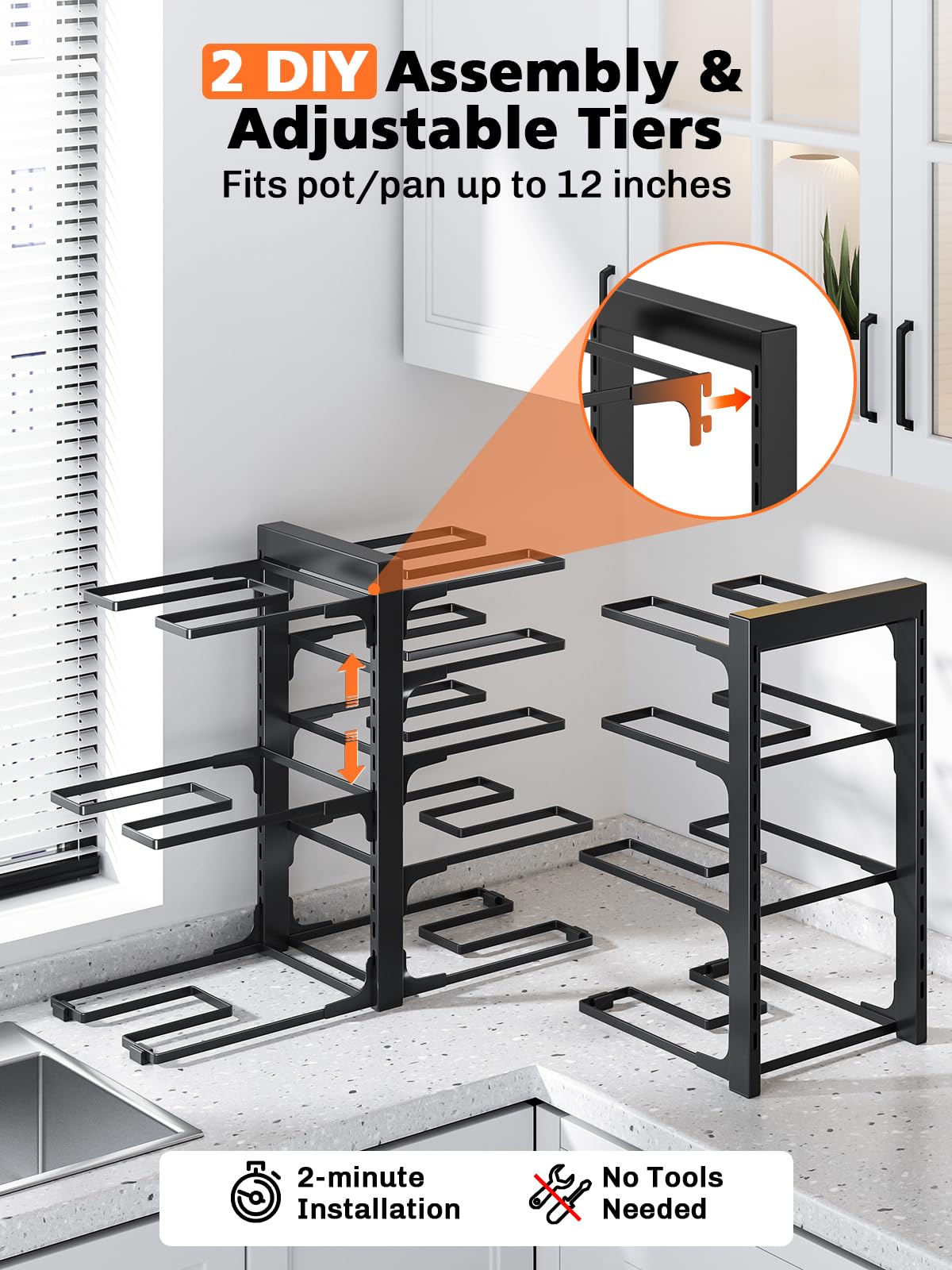 MUDEELA 8-Tier Pots and Pans Organizer under Cabinet, 15.83" Height Heavy Duty Pot Pan Organizer Kitchen Cabinet Organization and Storage, Adjustable Pot Rack for Frying Pan, Cast Iron Skillet, Black