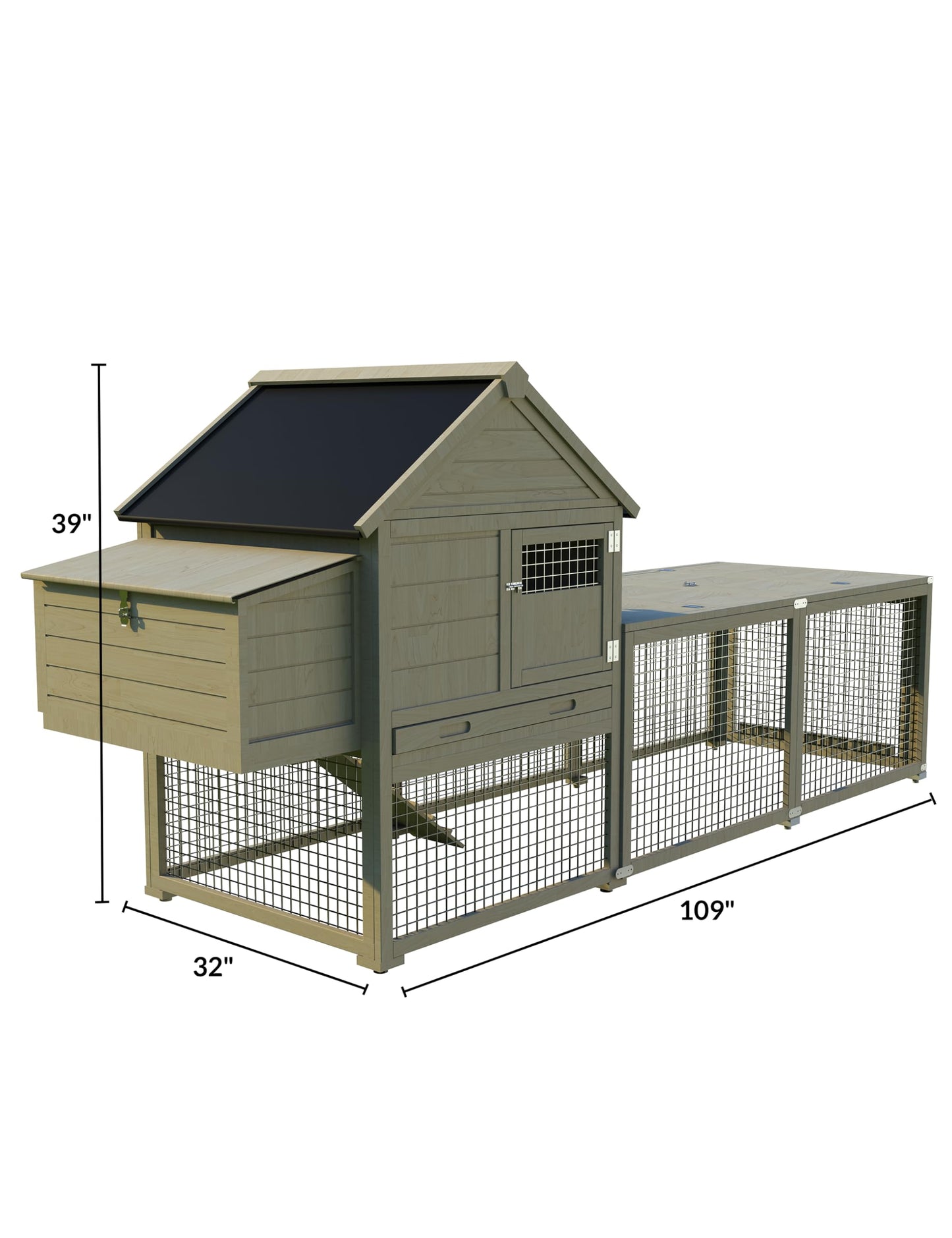 KYBOLT Rabbit Cage, Indoor and Outdoor Rabbit Hutch, Chicken Coop Small Animal Pen and Hutch Enclosure with Anti-UV Waterproof Roof, No Leak Pull Out Tray, Run and Ramp, 109in, Wood Color