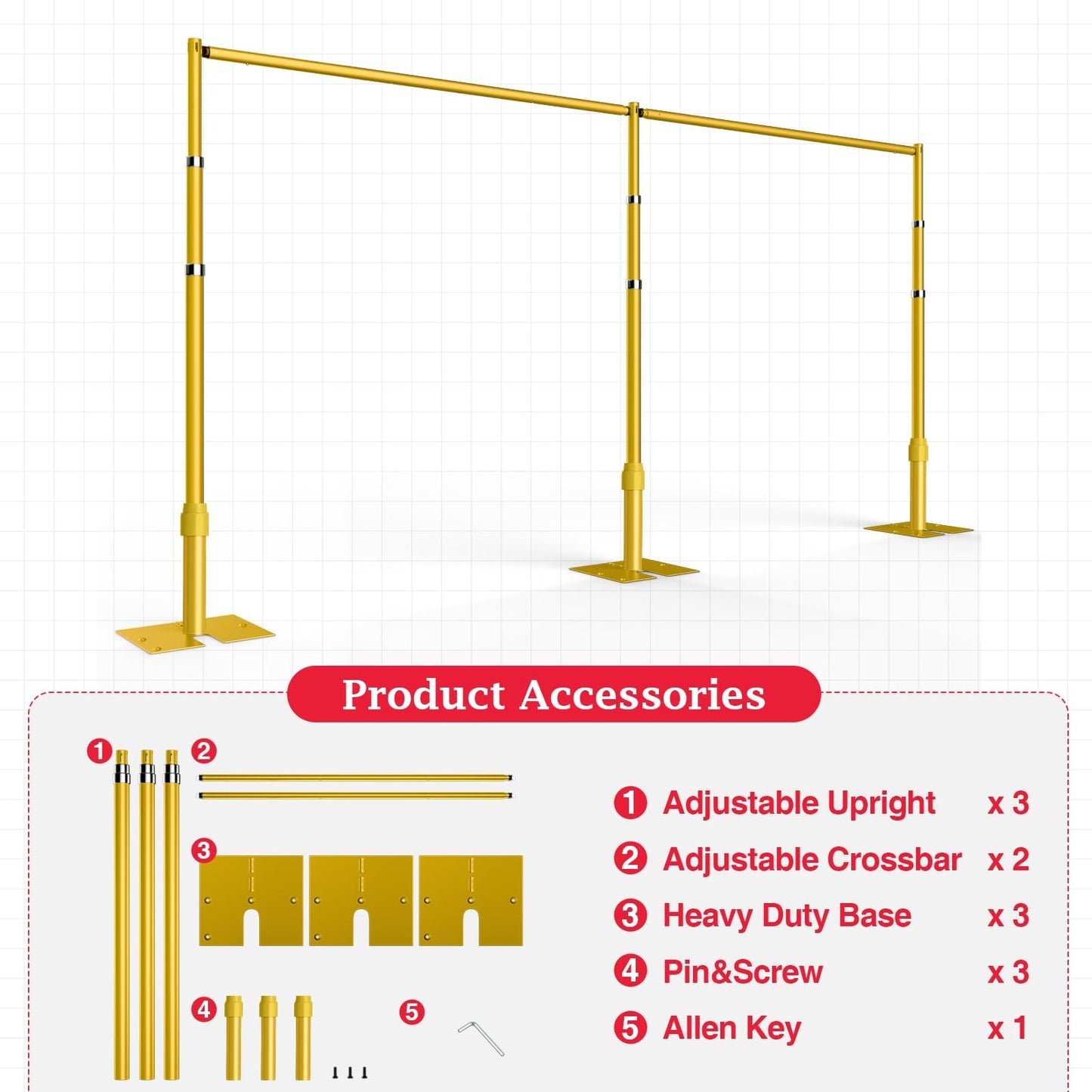 EMART Backdrop Stand Heavy Duty 10ftx20ft, Adjustable Pipe and Drape Photo Background Support Kit, Metal Frame with Flat Base for Wedding Birthday Party Banquet Decorations-Gold