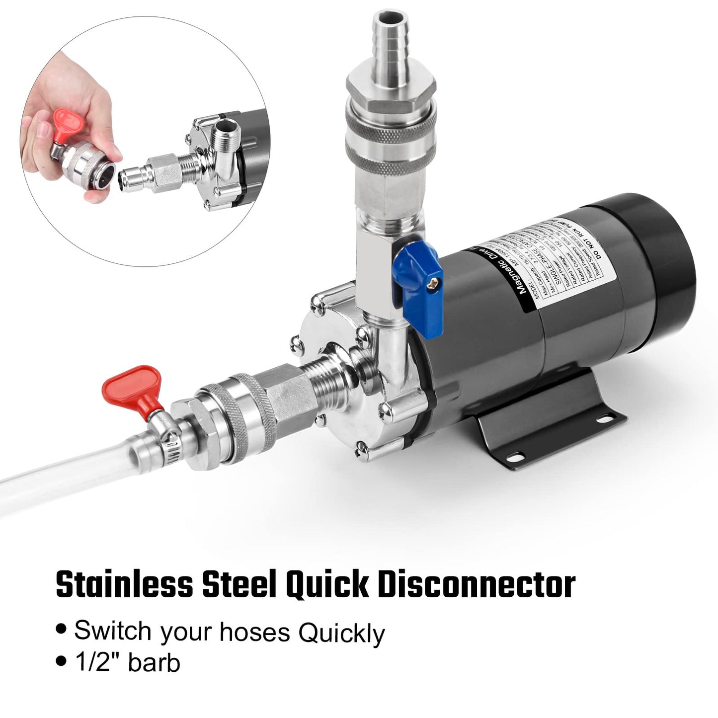 Hilangsan Wort Pump High Temp Brewing Pump Food Grade Pump Stainless Steel Head brew Pump Homebrew pump Magnetic Drive Pump Wort Transfer Pump with Inline Switch Mini Valve Quick Disconnects(gray)