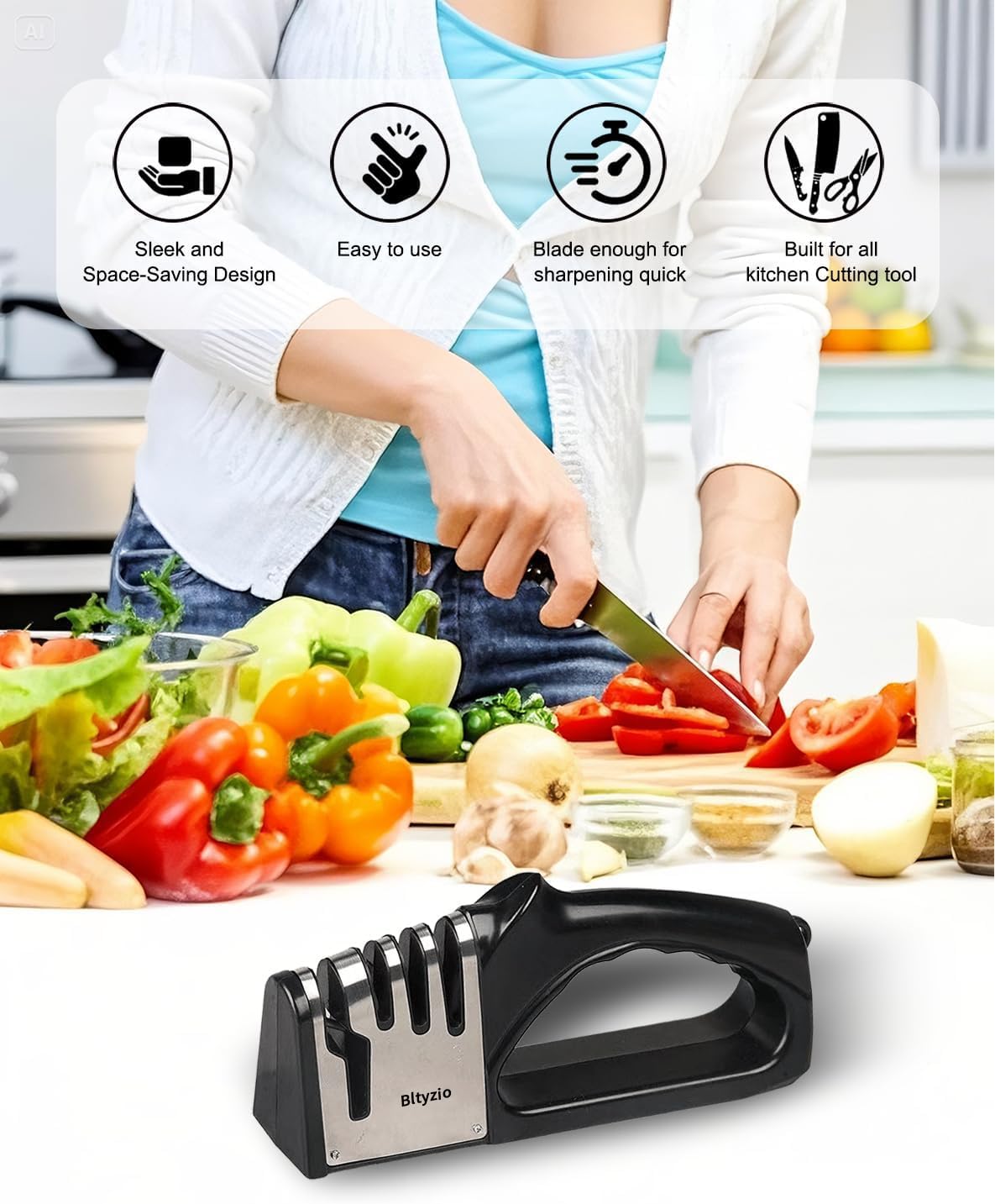 4-In-1 Manual Knife Sharpener for Kitchen Knives & Scissors, Professional Pull-Through Knife Sharpener with Tungsten Steel & Ceramic Slots, Non-Slip Base, Easy to Use for Chef Knives & Serrated Blades