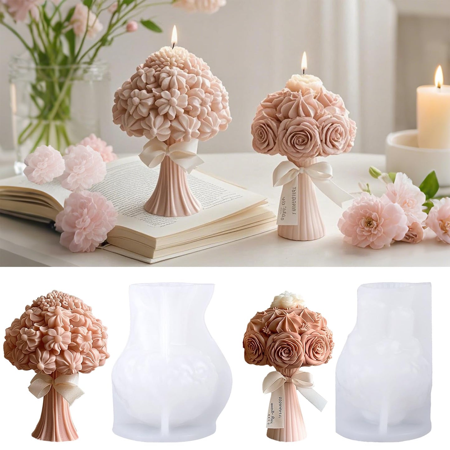 2 Pack Flower Bouquet Candle Mold, Silicone Molds for Epoxy Resin Wax Soap & Candle Making Floral Mold for Crafts Casting Home Wedding Decoration DIY Handmade Valentine's Day Gifts