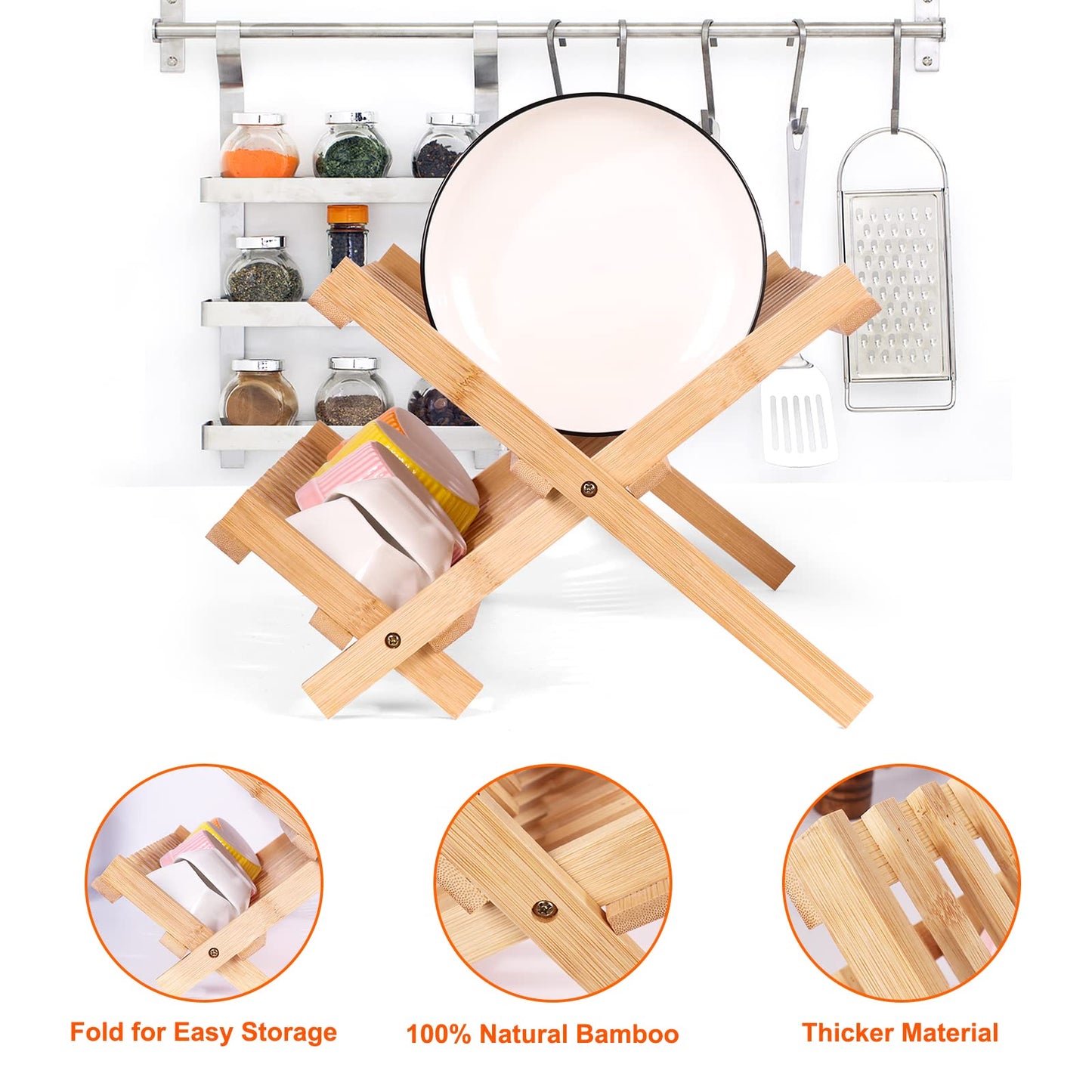 SZUAH Collapsible Bamboo Dish Drying Rack - 2 Tier Space Saving Kitchen Counter Organizer, Holds 19 Plates, Bowls & Utensils (17.8"x10.23"x9.25")