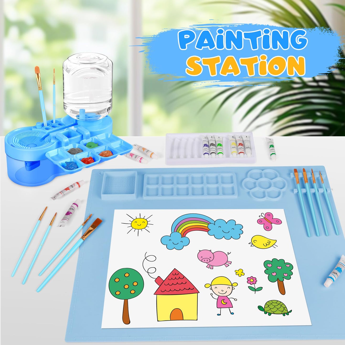 Art Painting Kits, Paint Station, Including Upgraded Paint Brush Cleaner, 20"X16" Silicone Painting Mat, 12 Colors Acrylic Paint Set and 10 Paint Brushes, Painting Supplies Kits(Blue)