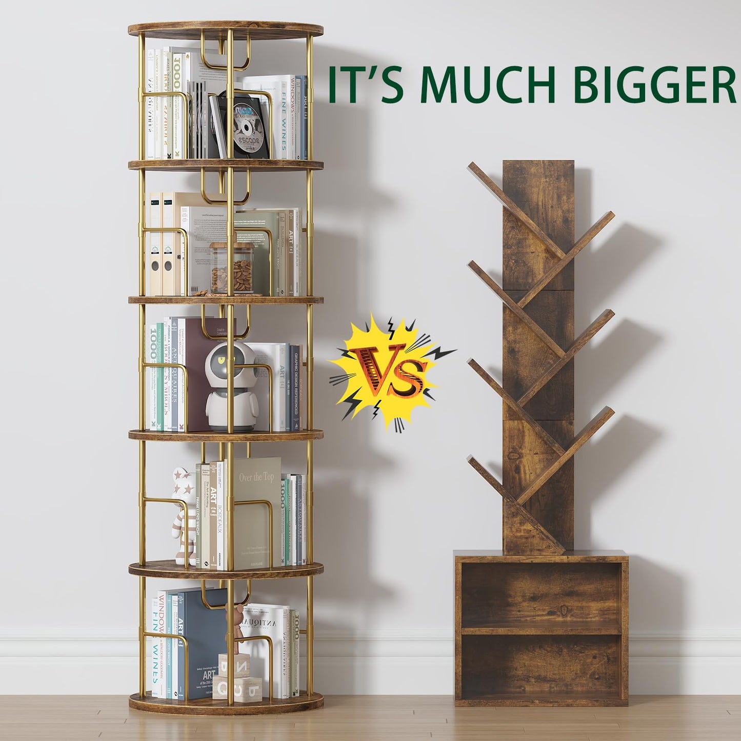 5Tier Rotating Bookshelf, 360 ° Display Stackable Spinning Bookshelf Tower,Round Space Saving Tall Floor Standing Swivel Bookcase Corner Storage Organizer for Bedroom/Living Room/Office,Gold