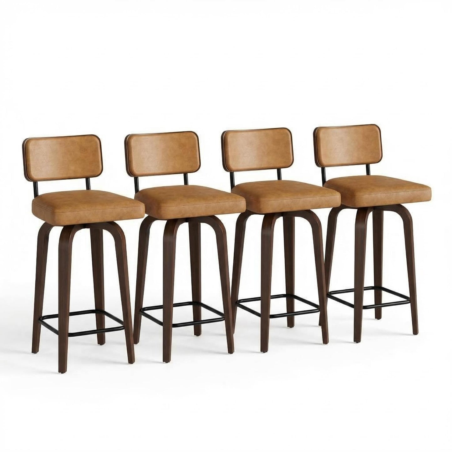 IDEALHOUSE Swivel Bar Stools Set of 4, 26" Upholstered Counter Height Bar Stools with Back and Walnut Wood Legs, Larger Cushion Size 18.3"*17.5", Faux Leather Barstools for Kitchen Counter, Brown