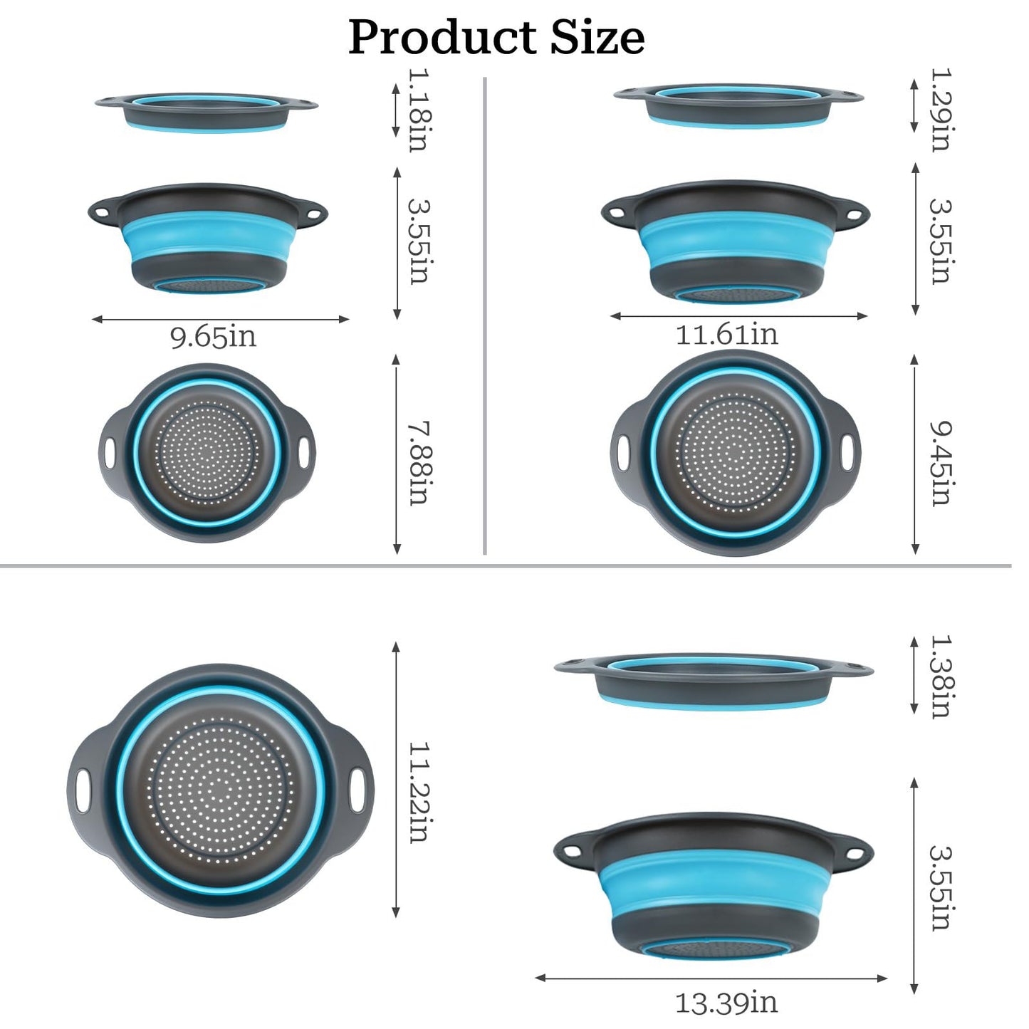 Cluren Collapsible Colander 3-Pack Set Space-Saving Foldable Kitchen Strainer with Non-Slip Base Durable Thickened PP+TPE Collapsible Strainers for Pasta, Vegetables, Fruits (Gray-Blue)