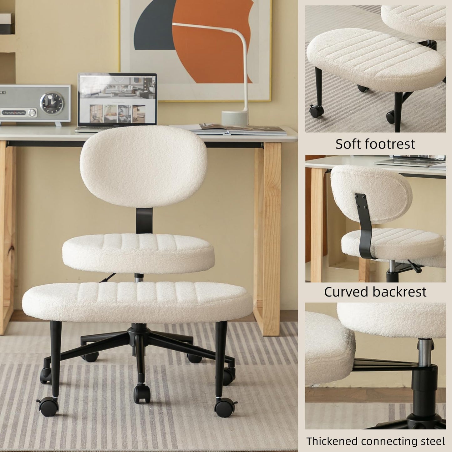 Ergonomic Cross Legged Office Chair with Back Support, Multi-Position Swivel Desk Chair for Adults, Meditation and ADHD Fidget Work Chair with Rolling Base, White