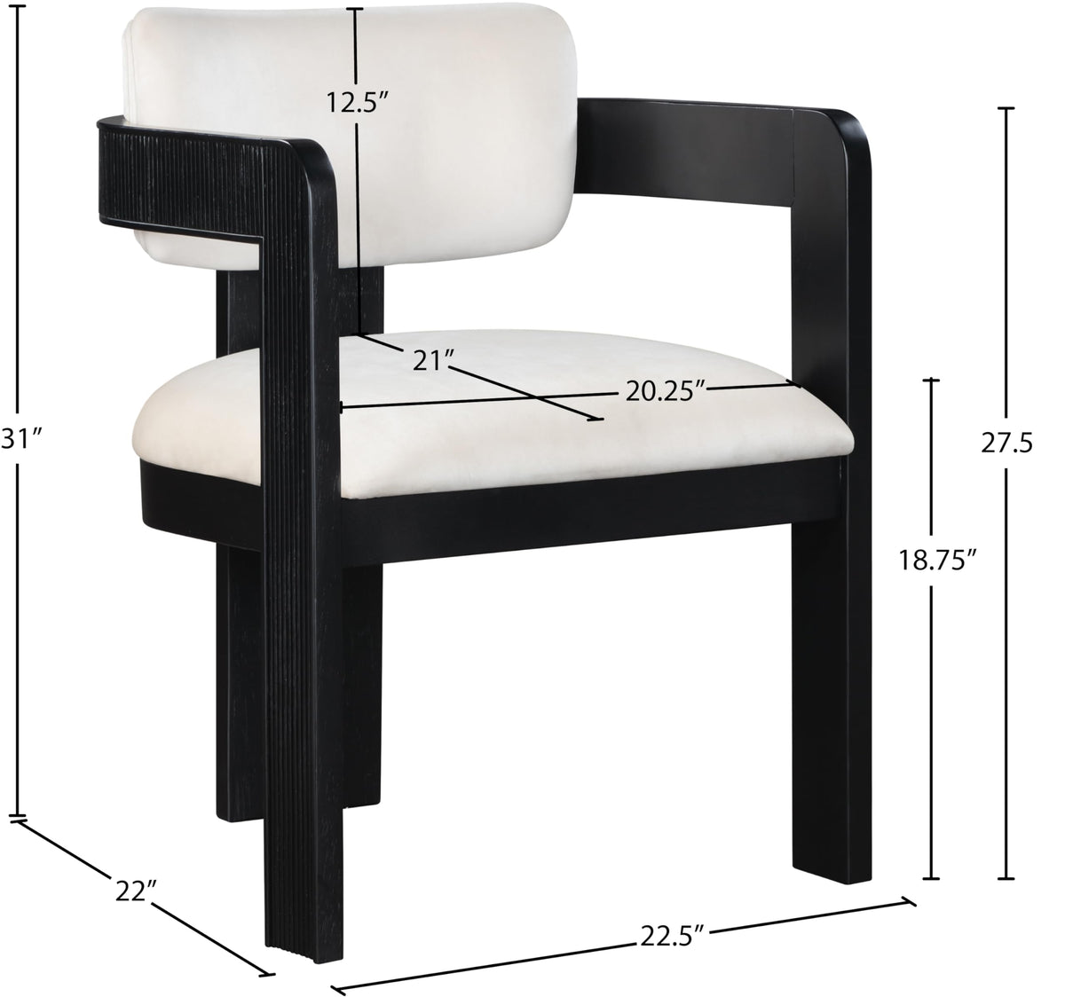 Meridian Furniture 11095Cream-C Sacha Collection Art Deco Dining Chair, Ultra Luxe Cream Velvet, 460 GSM Velvet, Solid Fluted Wood Black Finish, 22.5" W x 22" D x 31" H, Cream, Set of 2