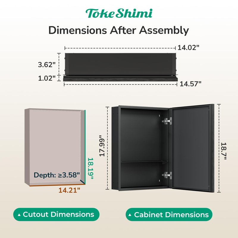 TokeShimi 14x18 Bathroom Medicine Cabinet with Mirror, Assembly Required, Black Recessed Medicine Cabinet, 1 Stepless Adjustable Shelves, Beveled Aluminum Frame, Tempered Glass