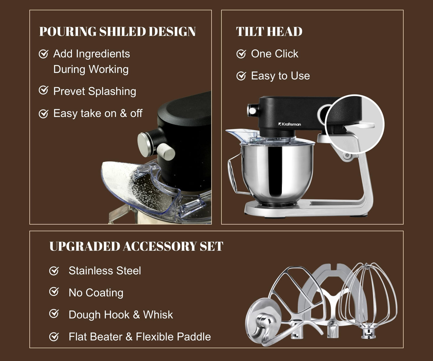 Kraftsman All Metal Stand Mixer 5.3 Quart with 4 Stainless Steel Attachments, Heavy Duty Dough Mixer with DC Motor, Lower Noise, Verstile Mixer with Power Hub, 8-Speed & Timer (Black)
