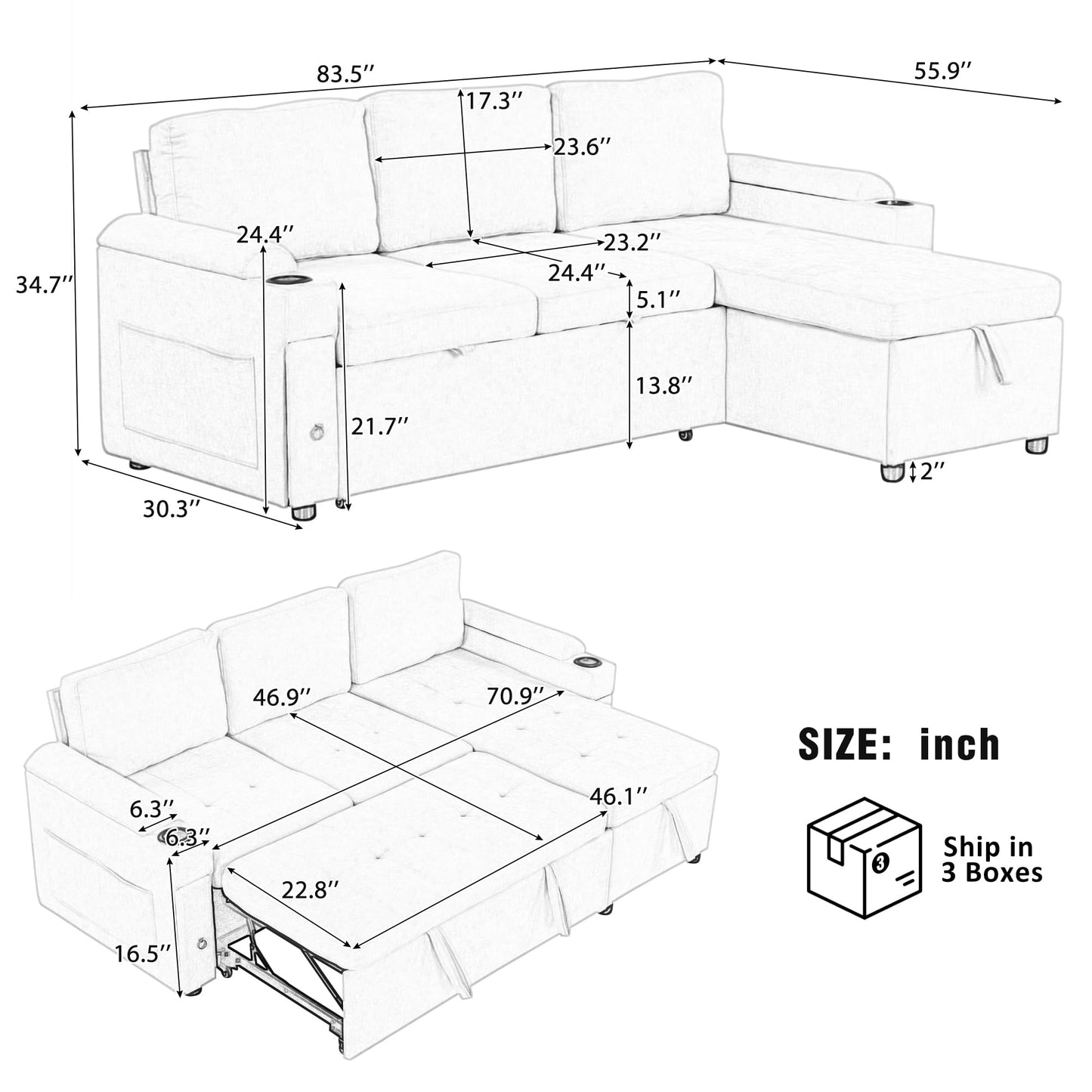 Merax Modern 83.5" L-Shaped Sectional Sofa with Pull-Out Sleeper Bed, USB Ports & Cup Holders, Chenille 3-Seat Couch with Storage Chaise Lounge, Side Pocket & Drawers for Living Room, Black