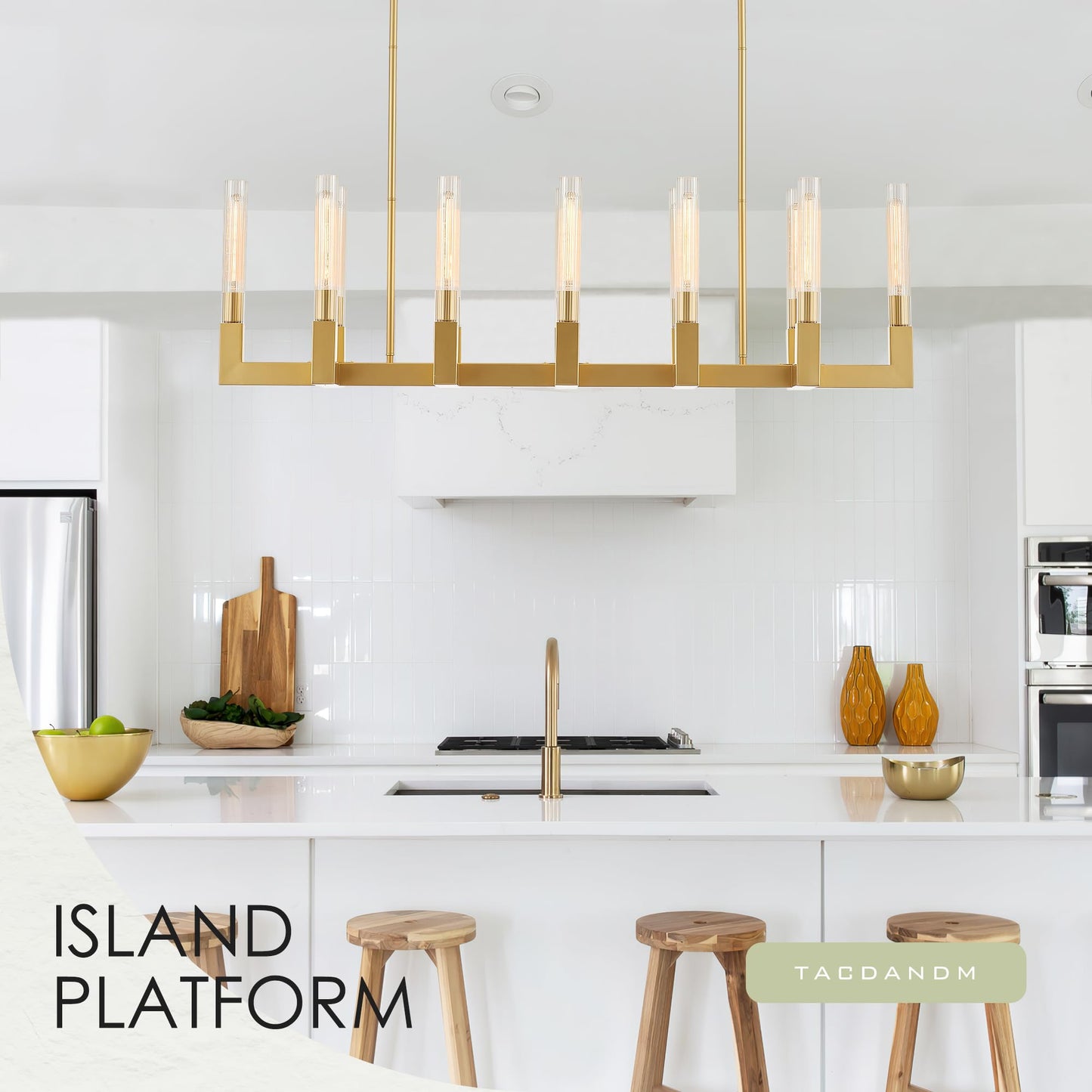 TACDANDM 54-inch Linear Dining Room Pendant Light Fixture with Glass Tube,Gold Rectangular 12-Lights Industrial Kitchen Island Lighting Over Table(Included E26 Bulbs)