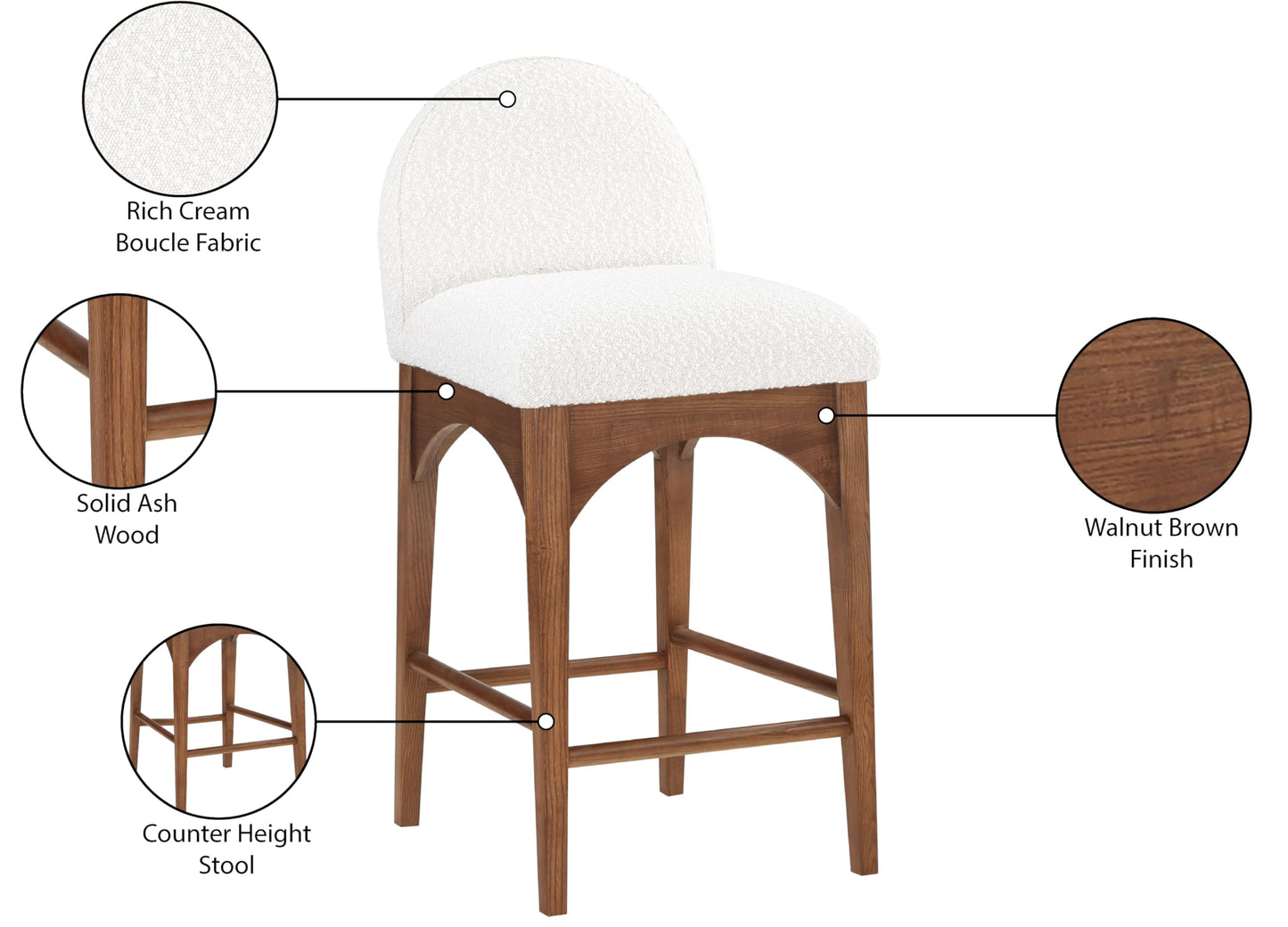 Meridian Furniture 399Cream-C Waldorf Collection Art Deco Stool with Rich Cream Boucle Fabric, Solid Ash Wood, Walnut Brown Finish, Counter Height Stool, 18" W x 20" D x 37" H, Cream