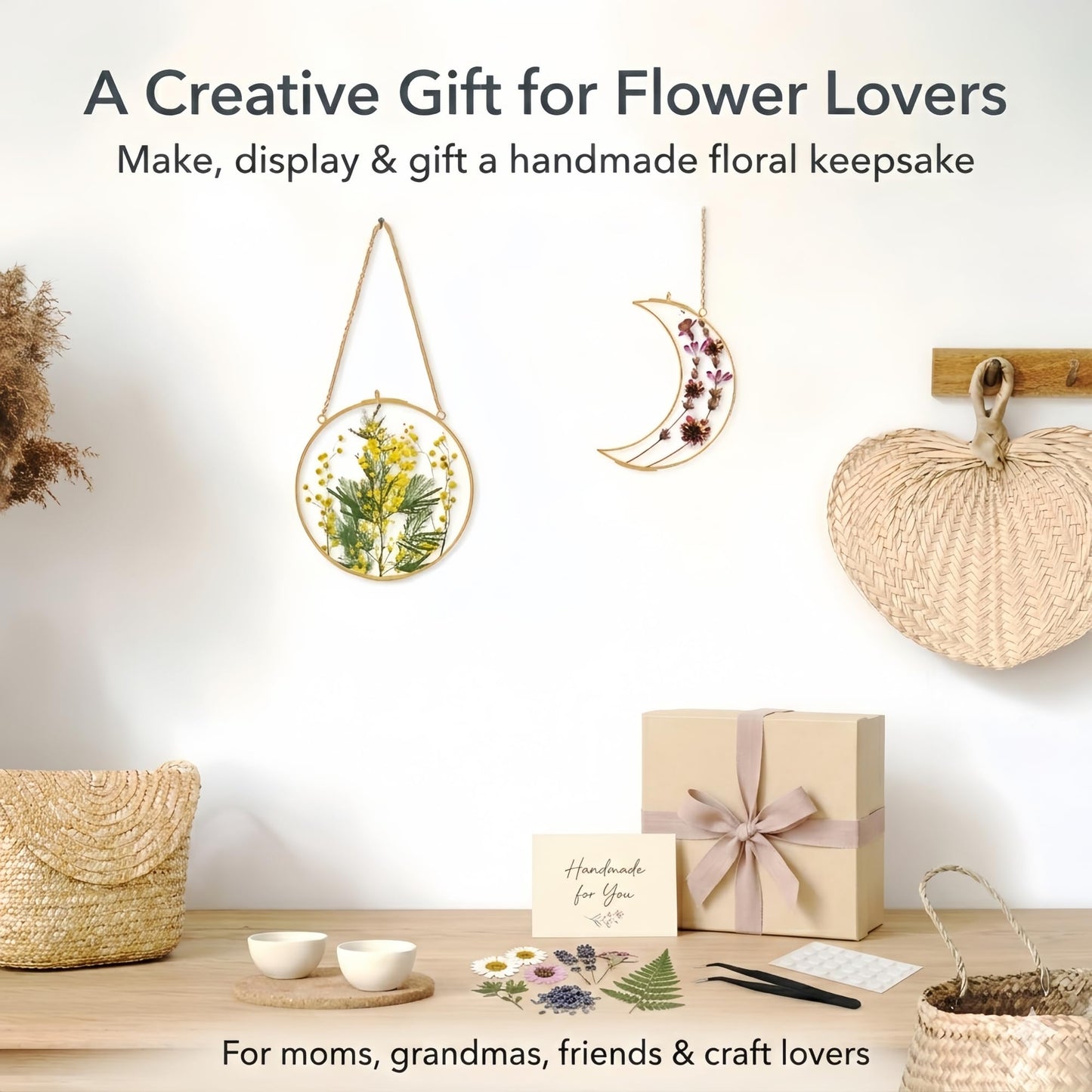 Pressed Flower Frame Kit, Sun and Moon Double Glass Hanging Frames with 68 Dried Flowers, Gold Botanical Wall Decor DIY Craft Kit for Adults, Flower Lover Gift for Motherβs Day & Birthday