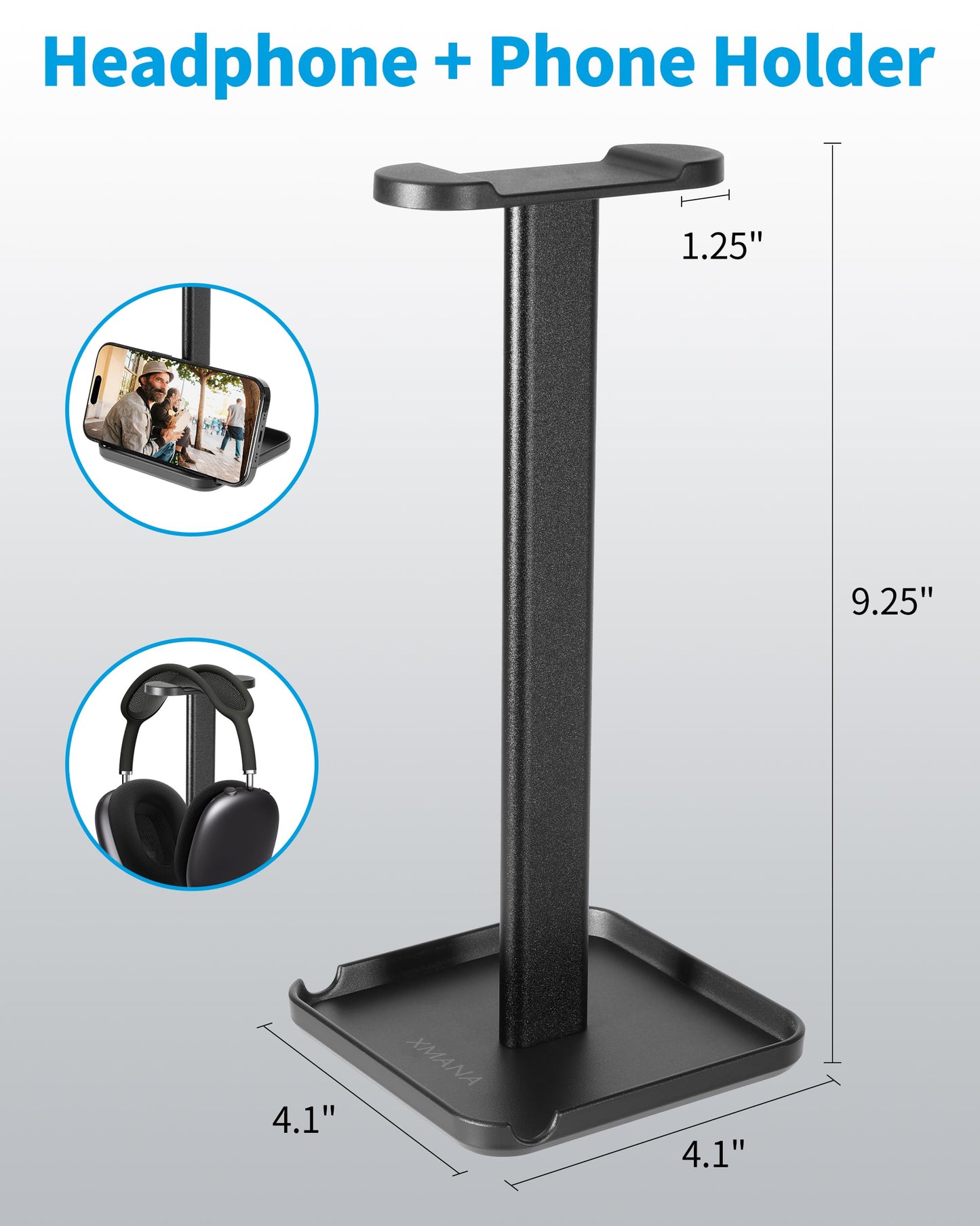 XMANA 2-in-1 Aluminum Headphone Stand & Phone Holder Rack - Sleek, Sturdy & Ergonomic Design Gaming Headset Stand for Desk Organization - Gamer Gifts (Black)
