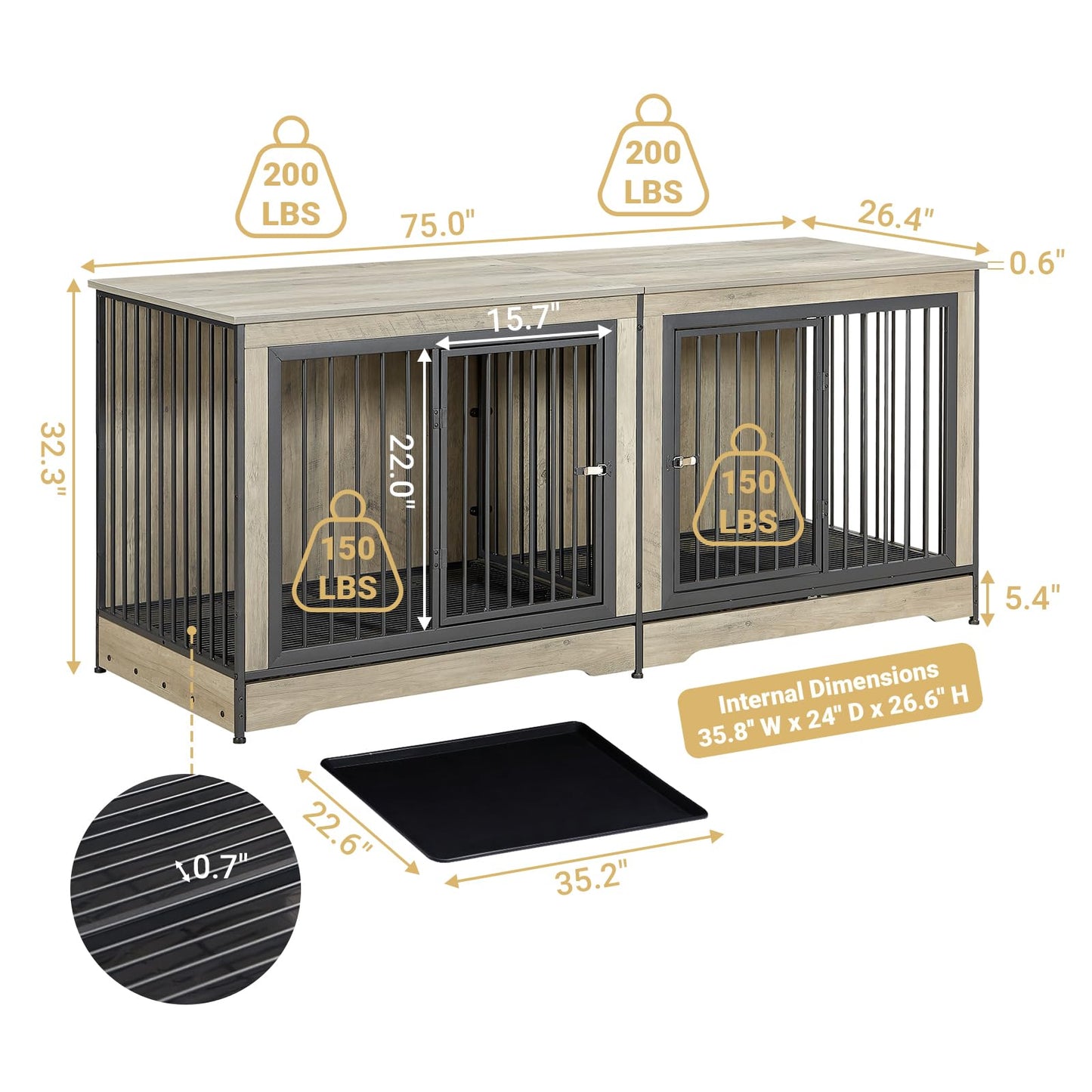 Rovibek 75'' Double Dog Crate Furniture for 2 Large Dogs, Heavy Duty Furniture Style Dog Crates End Table, Wood Crates for Dogs Kennel Indoor with Double Door, Grey